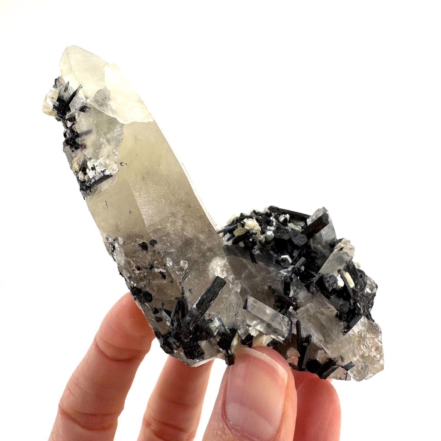 Black Tourmaline on Smoky Quartz | schorl crystal cluster, mineral specimen from Namibia