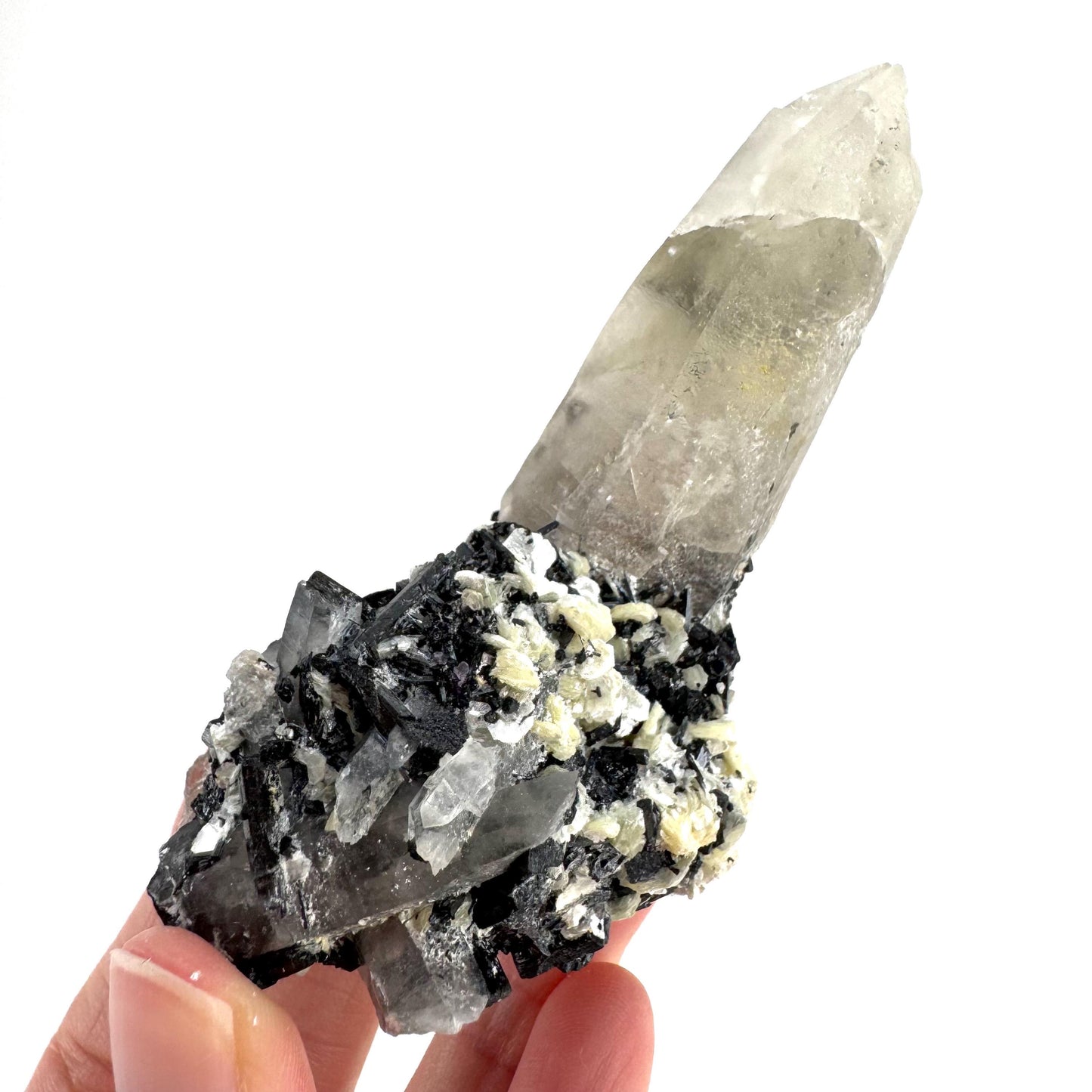Black Tourmaline on Smoky Quartz | schorl crystal cluster, mineral specimen from Namibia
