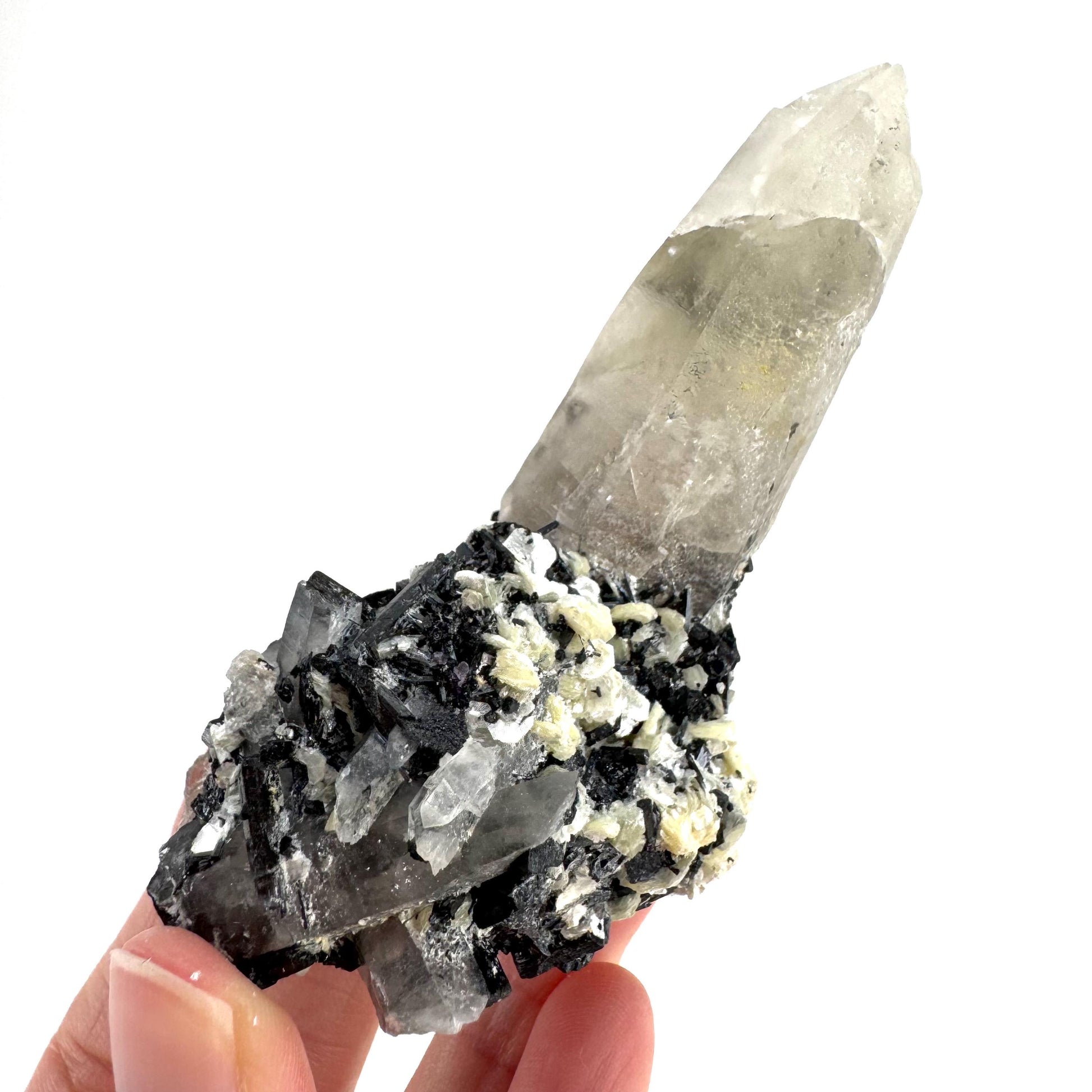 Black Tourmaline on Smoky Quartz | schorl crystal cluster, mineral specimen from Namibia