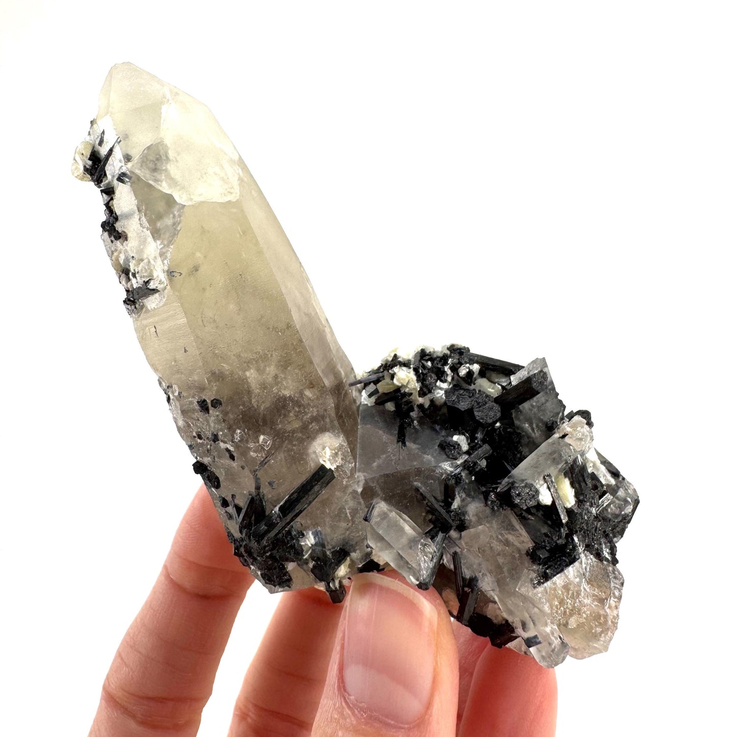 Black Tourmaline on Smoky Quartz | schorl crystal cluster, mineral specimen from Namibia