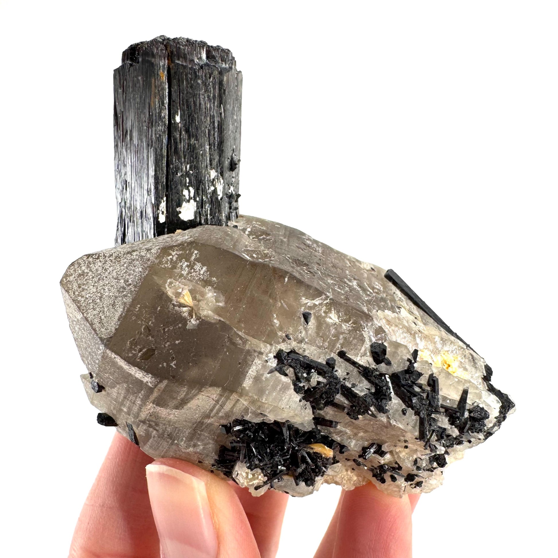 Black Tourmaline on Smoky Quartz | schorl crystal cluster, mineral specimen from Namibia