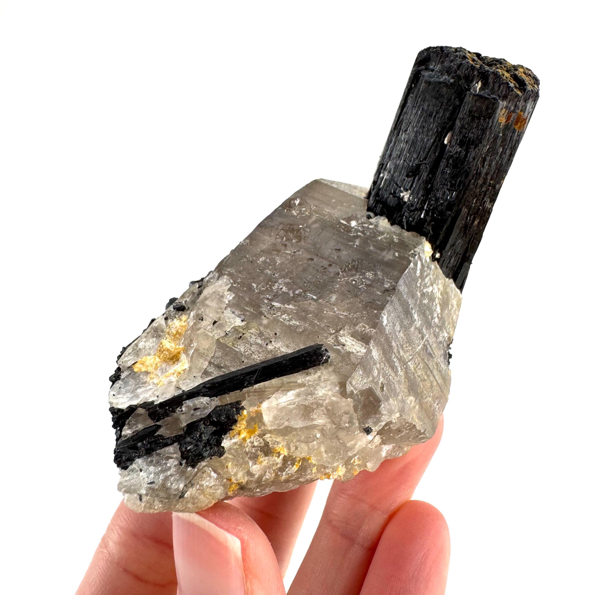 Black Tourmaline on Smoky Quartz | schorl crystal cluster, mineral specimen from Namibia