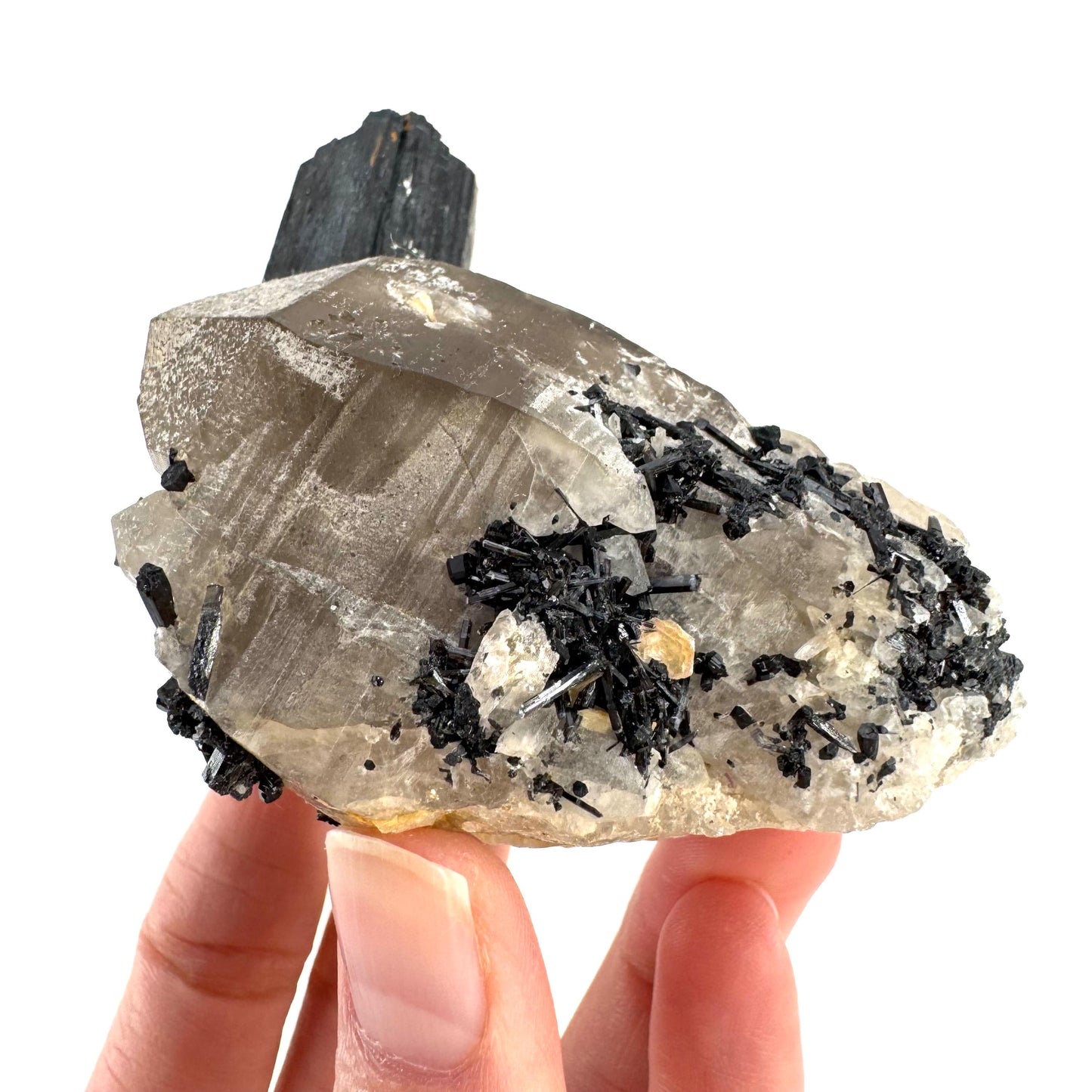 Black Tourmaline on Smoky Quartz | schorl crystal cluster, mineral specimen from Namibia