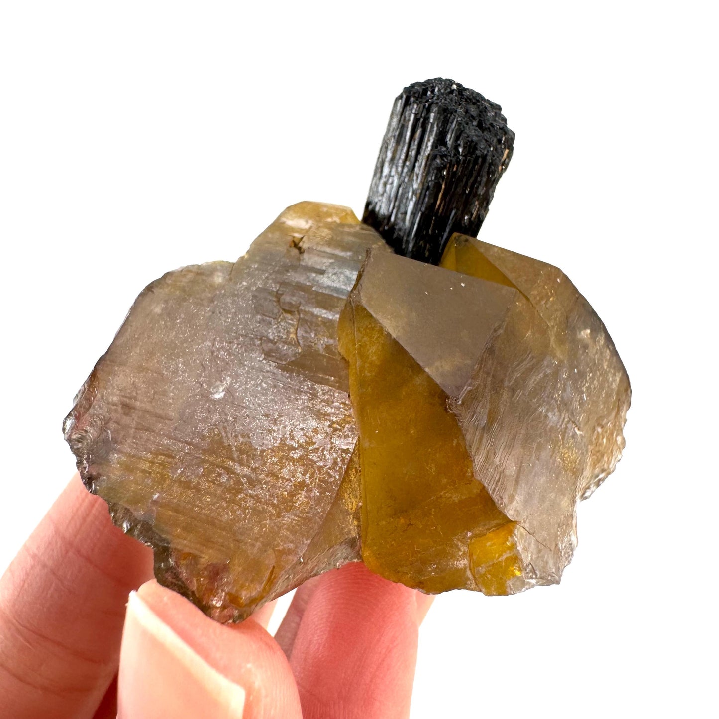 Black Tourmaline on Smoky Quartz | schorl crystal cluster, mineral specimen from Namibia