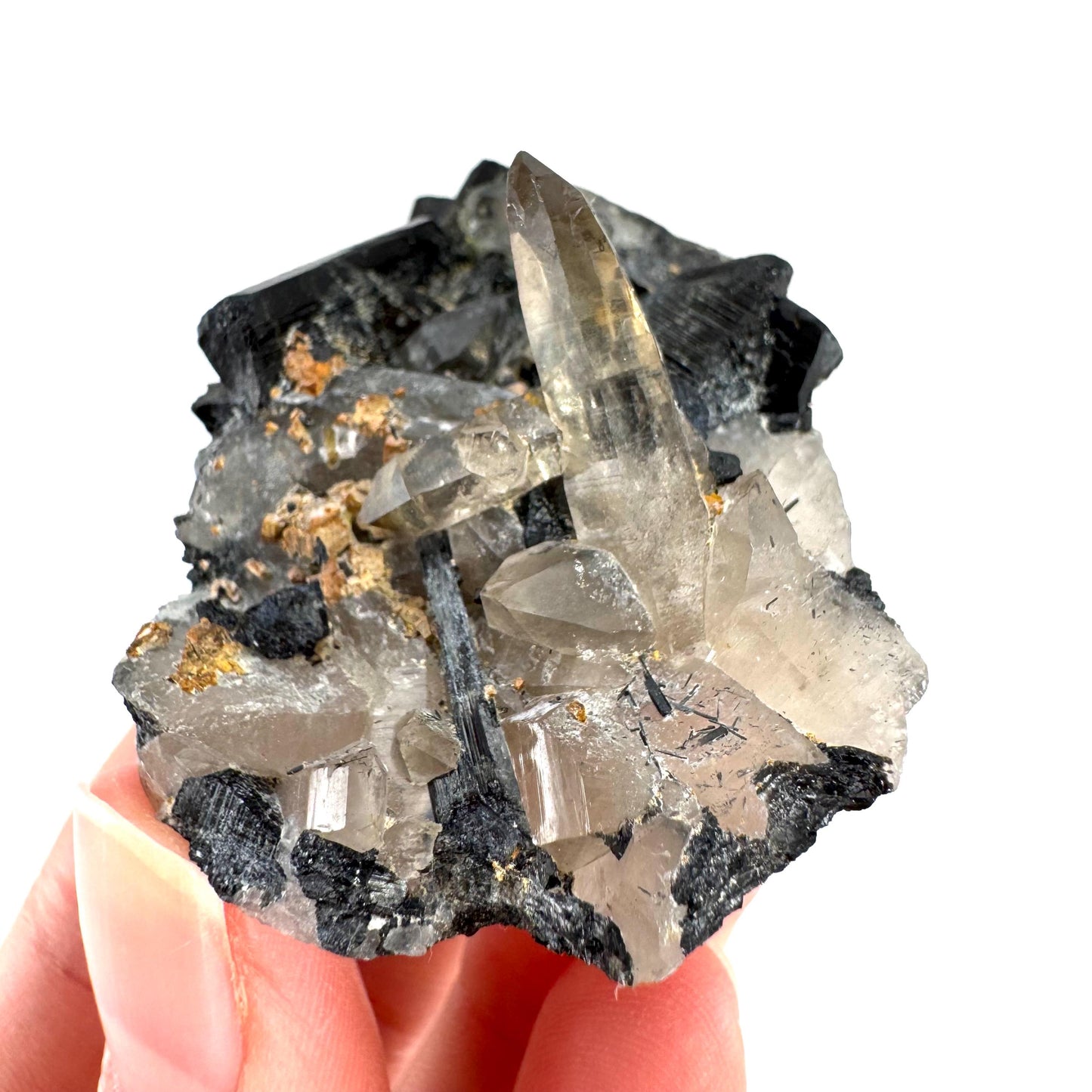Black Tourmaline on Smoky Quartz | schorl crystal cluster, mineral specimen from Namibia