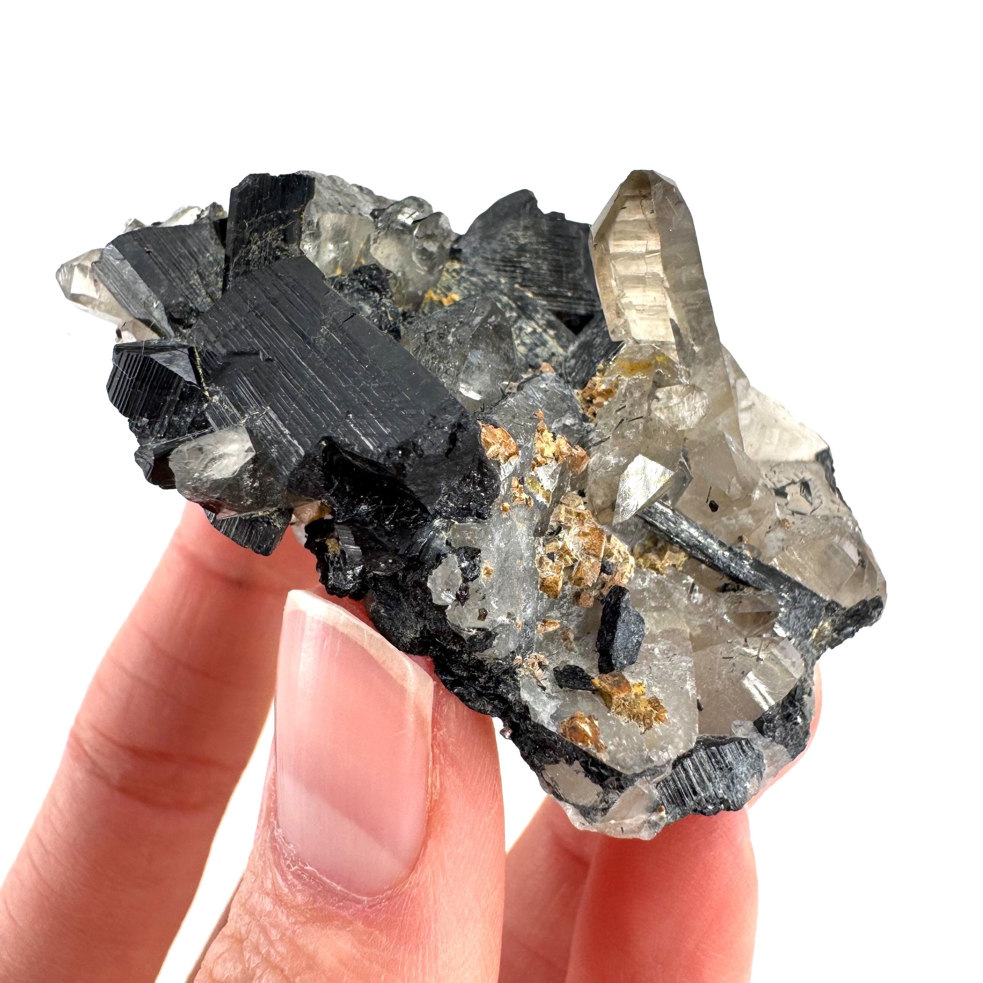 Black Tourmaline on Smoky Quartz | schorl crystal cluster, mineral specimen from Namibia