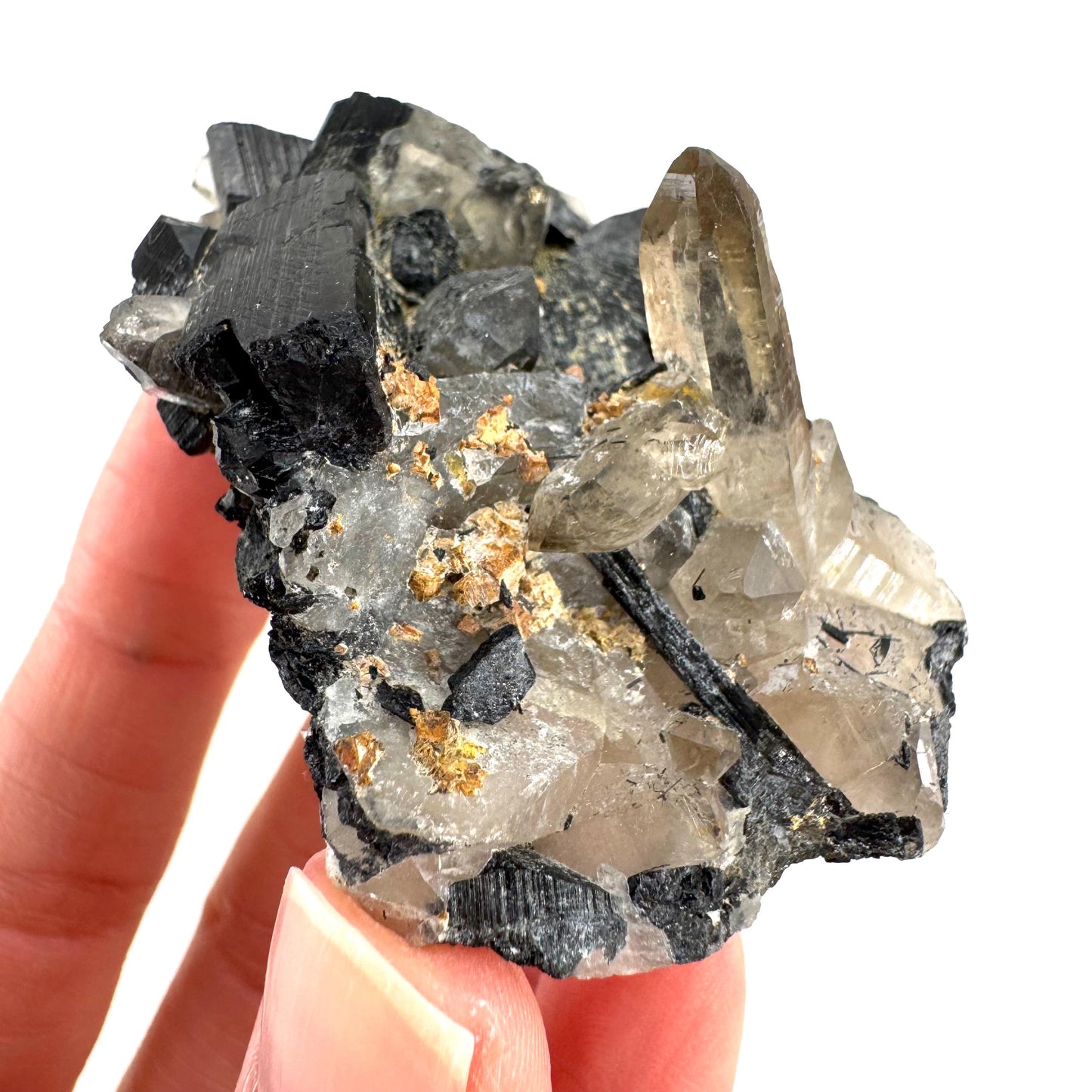 Black Tourmaline on Smoky Quartz | schorl crystal cluster, mineral specimen from Namibia