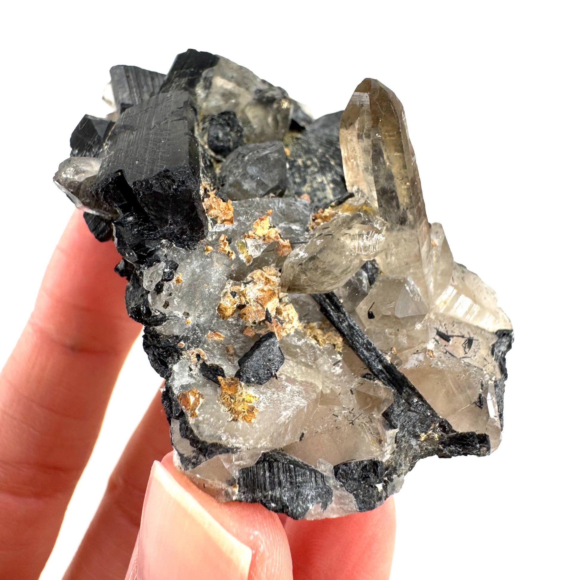 Black Tourmaline on Smoky Quartz | schorl crystal cluster, mineral specimen from Namibia