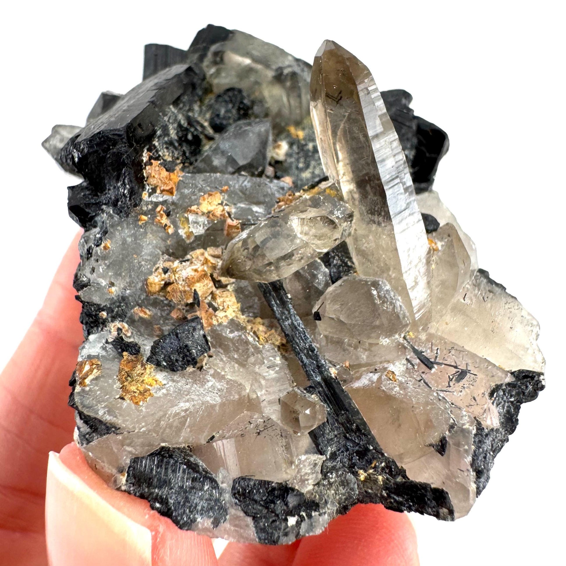 Black Tourmaline on Smoky Quartz | schorl crystal cluster, mineral specimen from Namibia