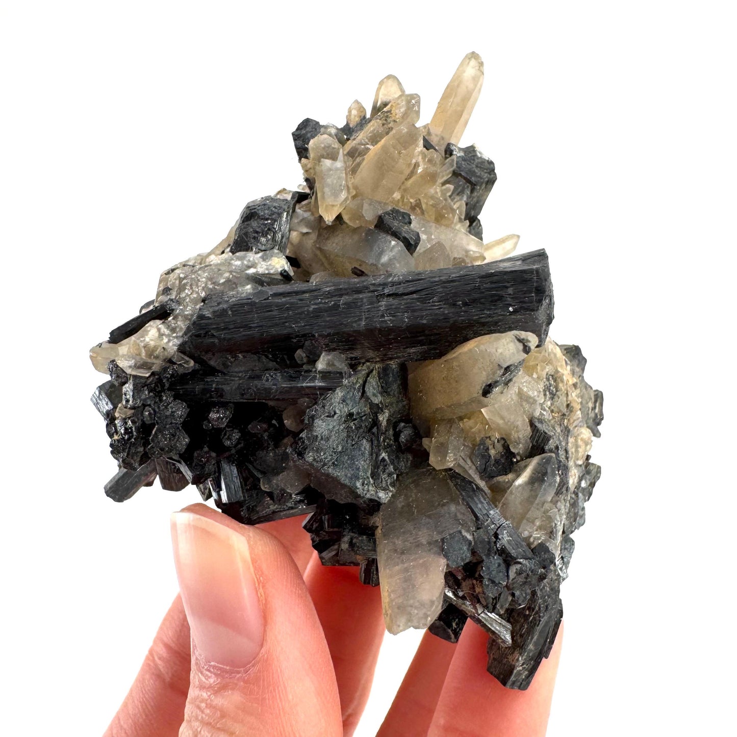 Smoky Quartz on Black Tourmaline | schorl crystal cluster, mineral specimen from Namibia