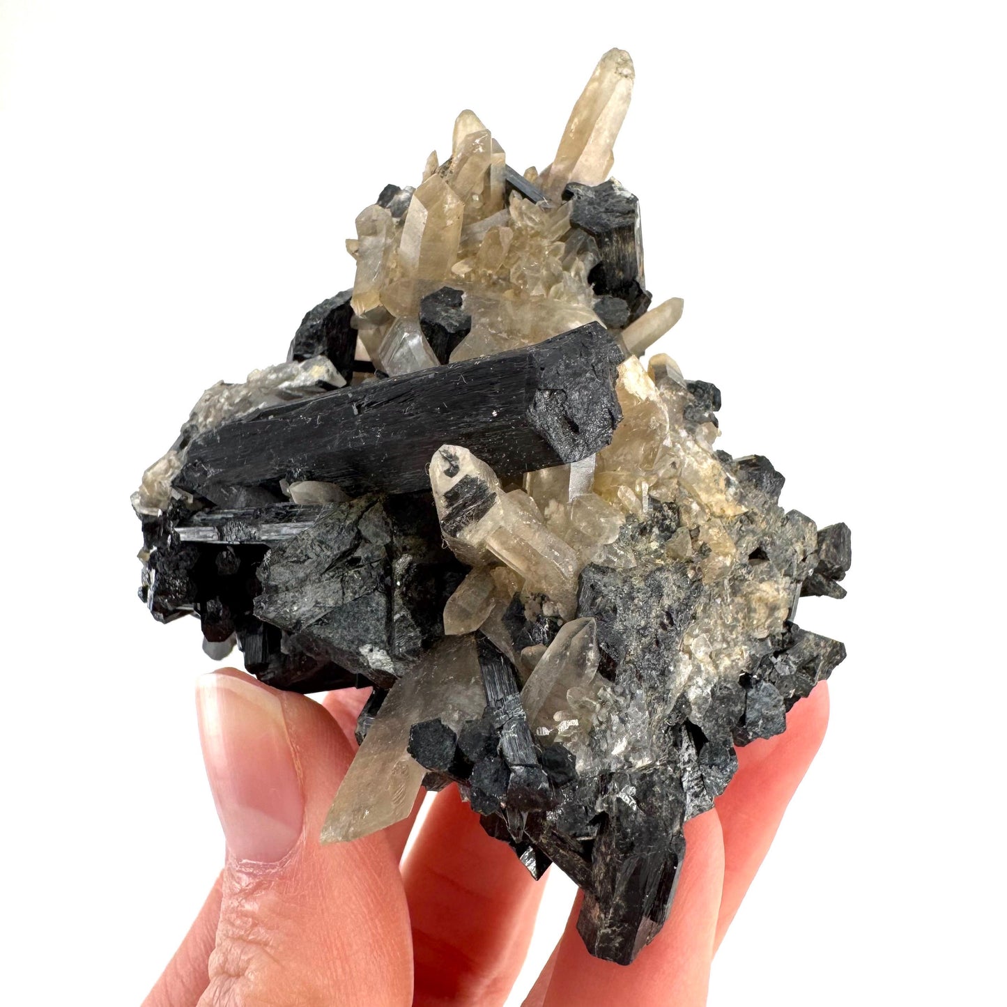 Smoky Quartz on Black Tourmaline | schorl crystal cluster, mineral specimen from Namibia
