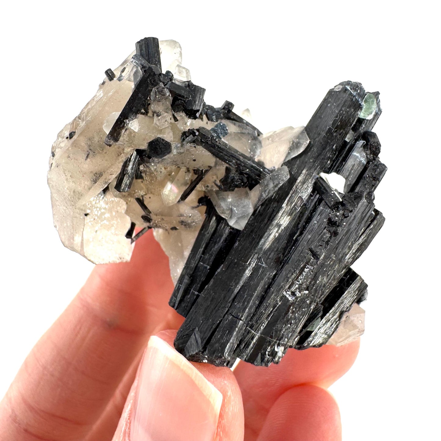 Black Tourmaline on Smoky Quartz w/ Fluorite | schorl crystal cluster, mineral specimen from Namibia