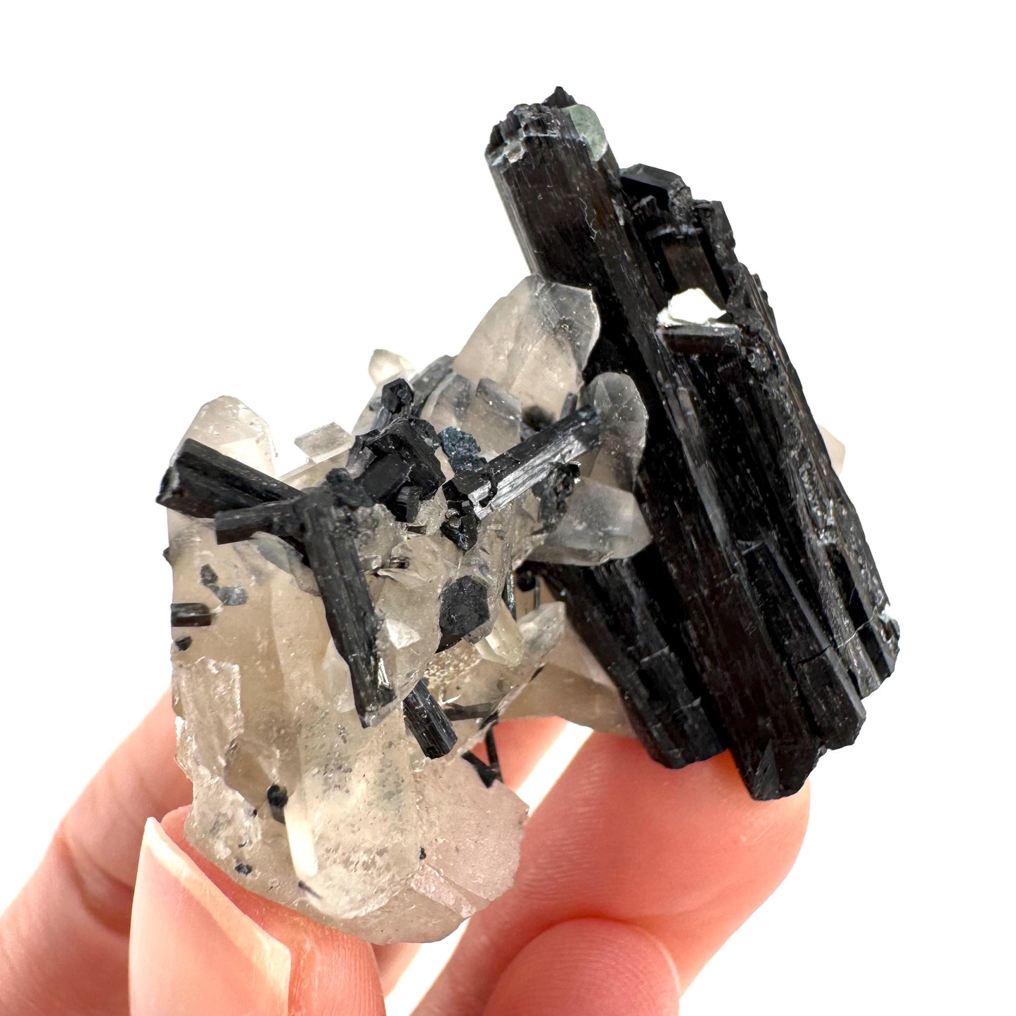Black Tourmaline on Smoky Quartz w/ Fluorite | schorl crystal cluster, mineral specimen from Namibia