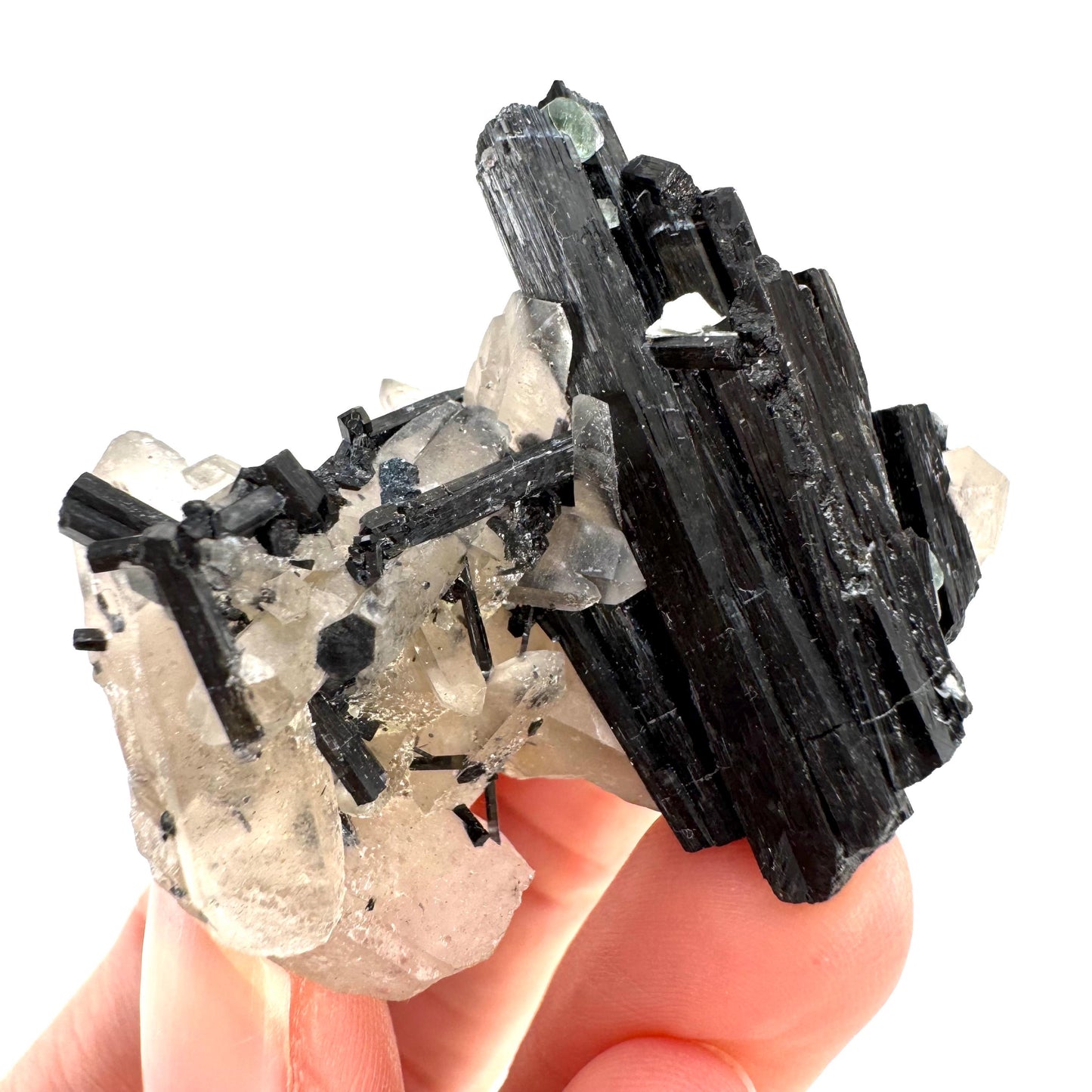 Black Tourmaline on Smoky Quartz w/ Fluorite | schorl crystal cluster, mineral specimen from Namibia