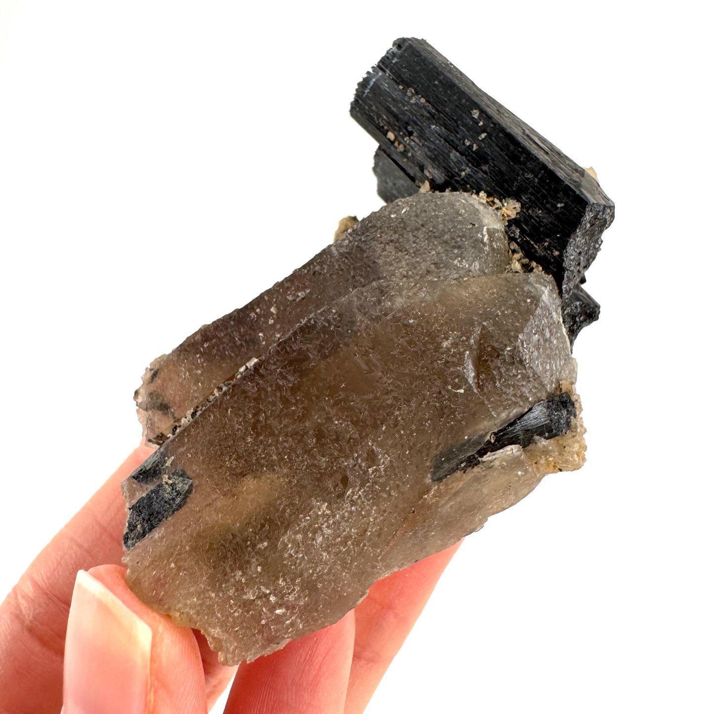 Black Tourmaline on Smoky Quartz | schorl crystal cluster, mineral specimen from Namibia