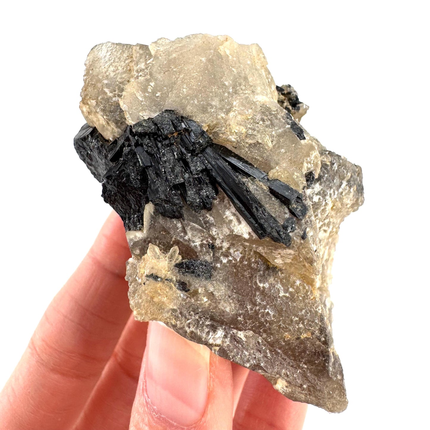 Black Tourmaline on Smoky Quartz | schorl crystal cluster, mineral specimen from Namibia