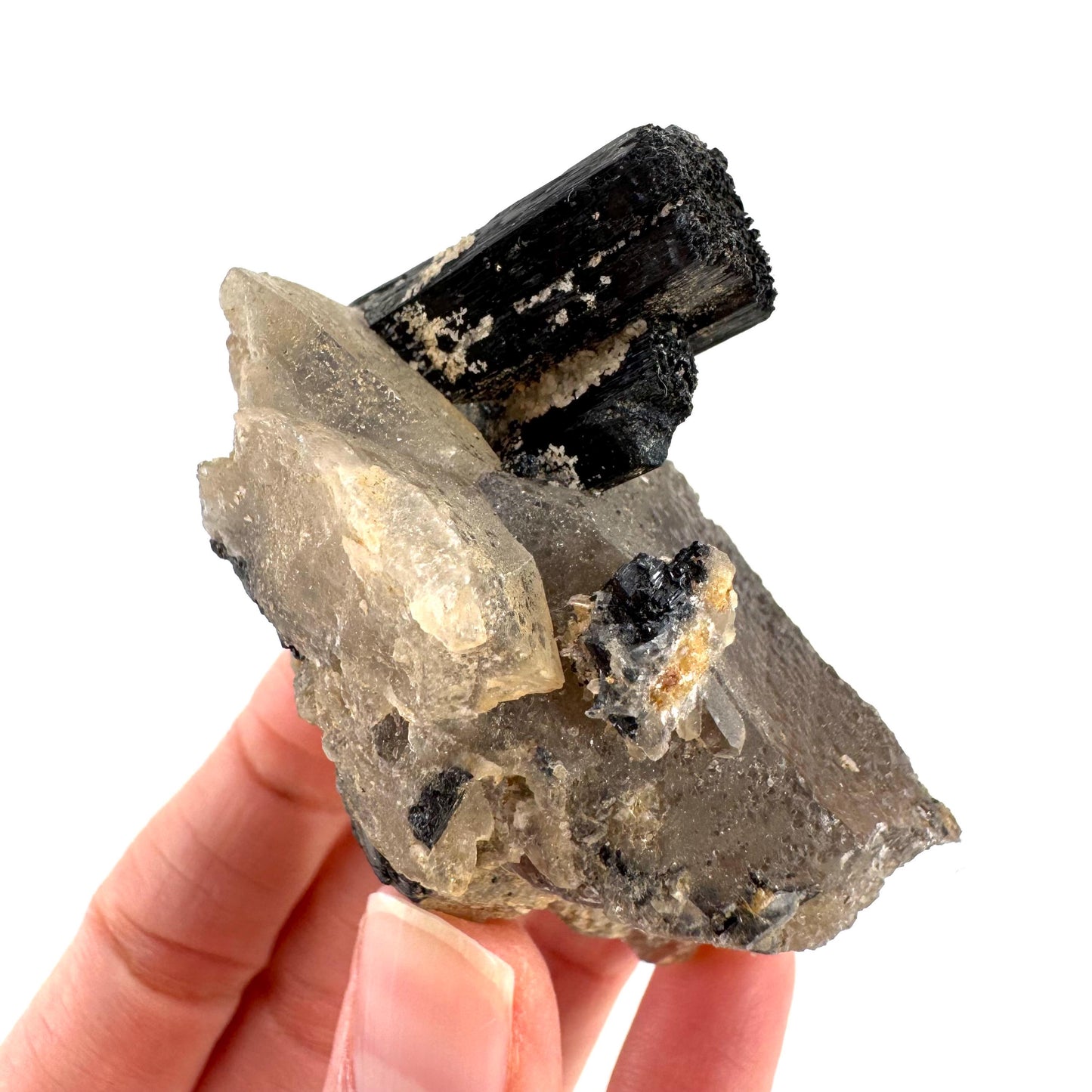 Black Tourmaline on Smoky Quartz | schorl crystal cluster, mineral specimen from Namibia