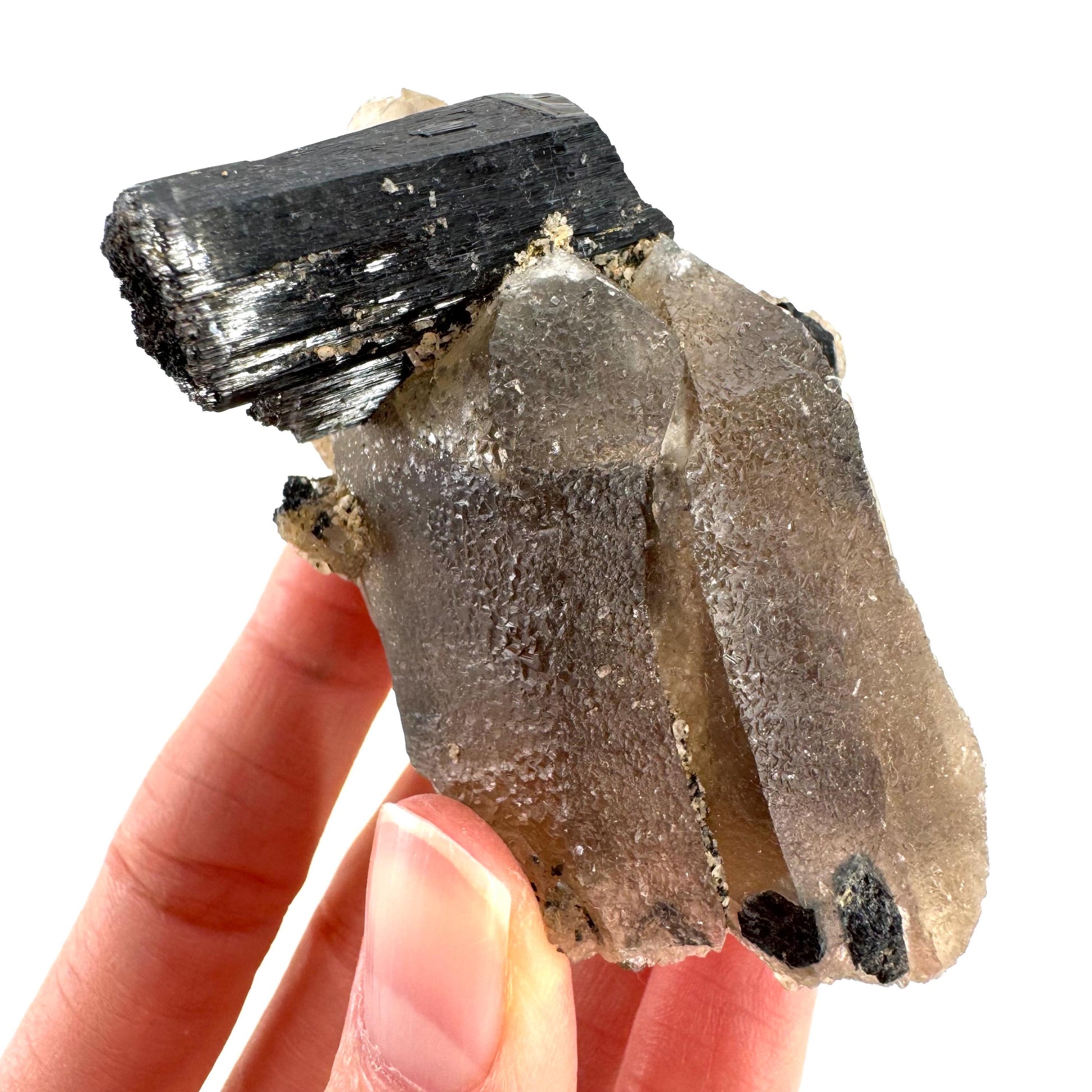Black Tourmaline on Smoky Quartz | schorl crystal cluster, mineral specimen from Namibia