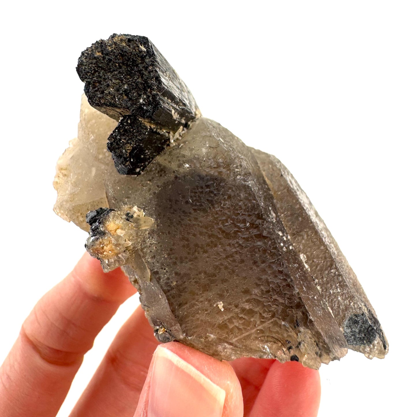 Black Tourmaline on Smoky Quartz | schorl crystal cluster, mineral specimen from Namibia