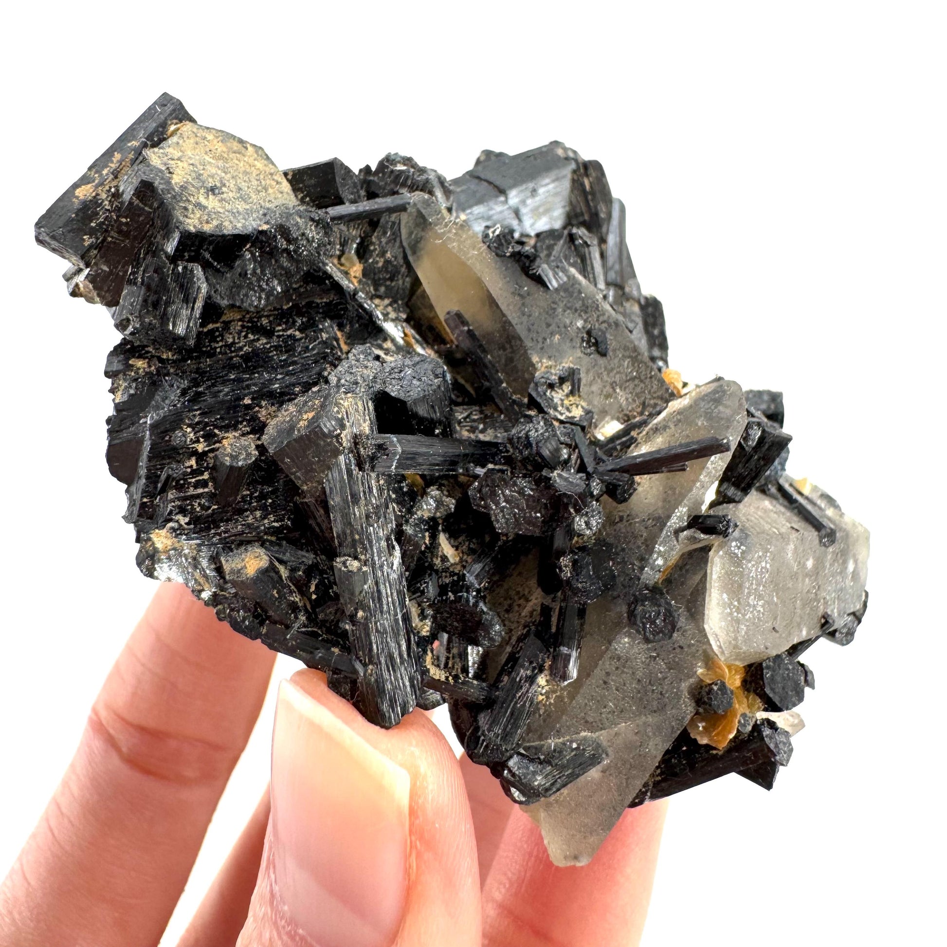 Smoky Quartz on Black Tourmaline | schorl crystal cluster, mineral specimen from Namibia