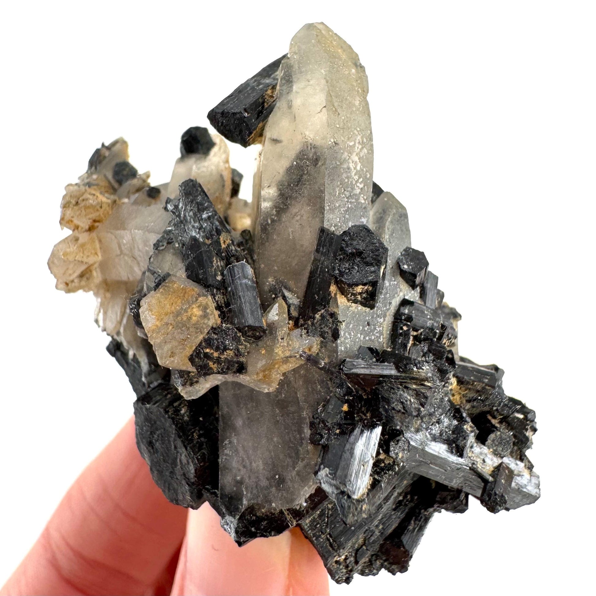 Smoky Quartz on Black Tourmaline | schorl crystal cluster, mineral specimen from Namibia