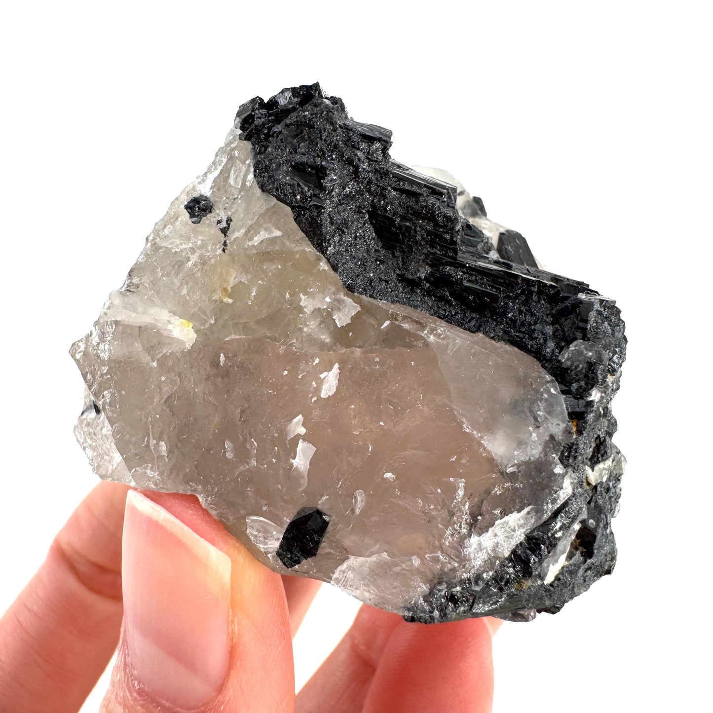 Black Tourmaline on Smoky Quartz | schorl crystal cluster, mineral specimen from Namibia