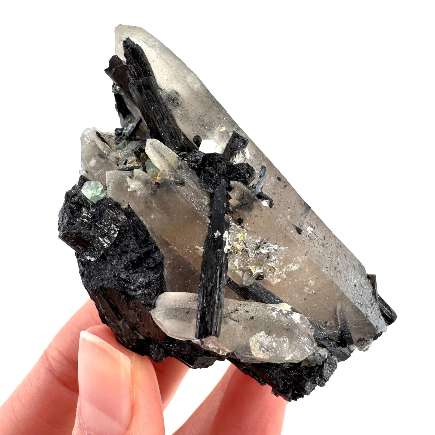 Black Tourmaline on Smoky Quartz | schorl crystal cluster, mineral specimen from Namibia