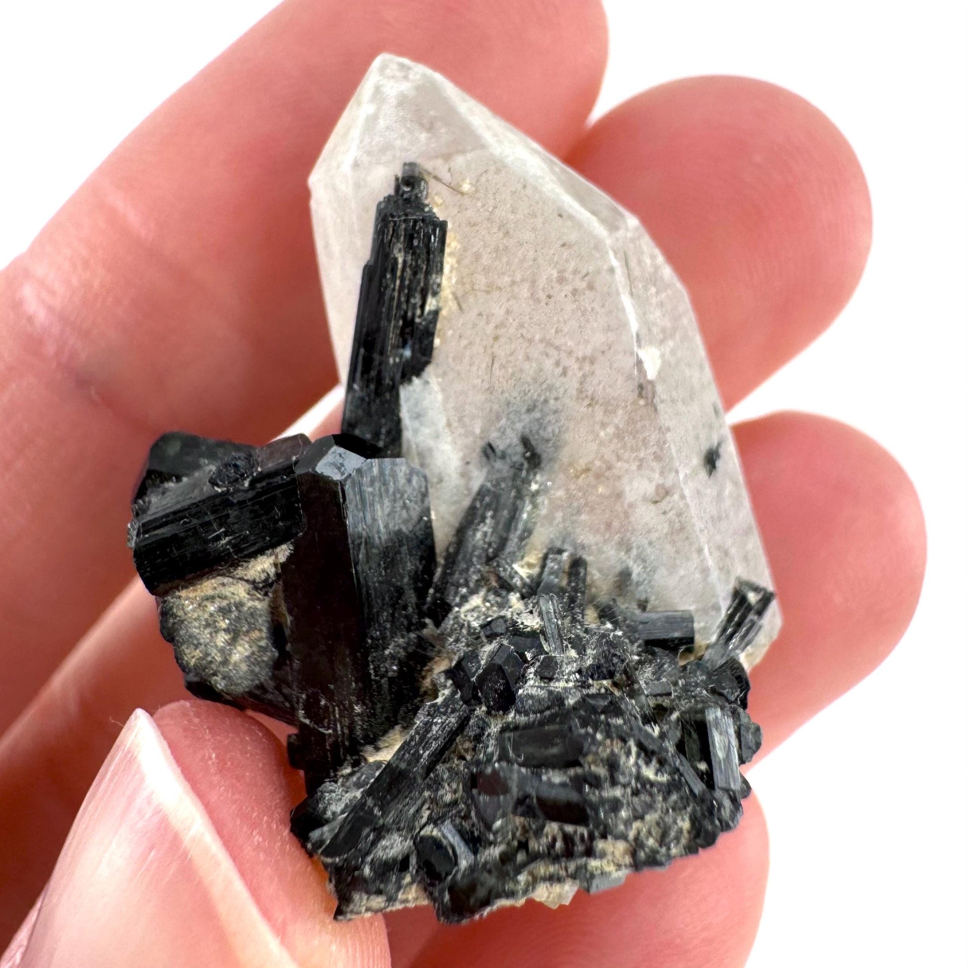 Black Tourmaline on Smoky Quartz | schorl crystal cluster, mineral specimen from Namibia