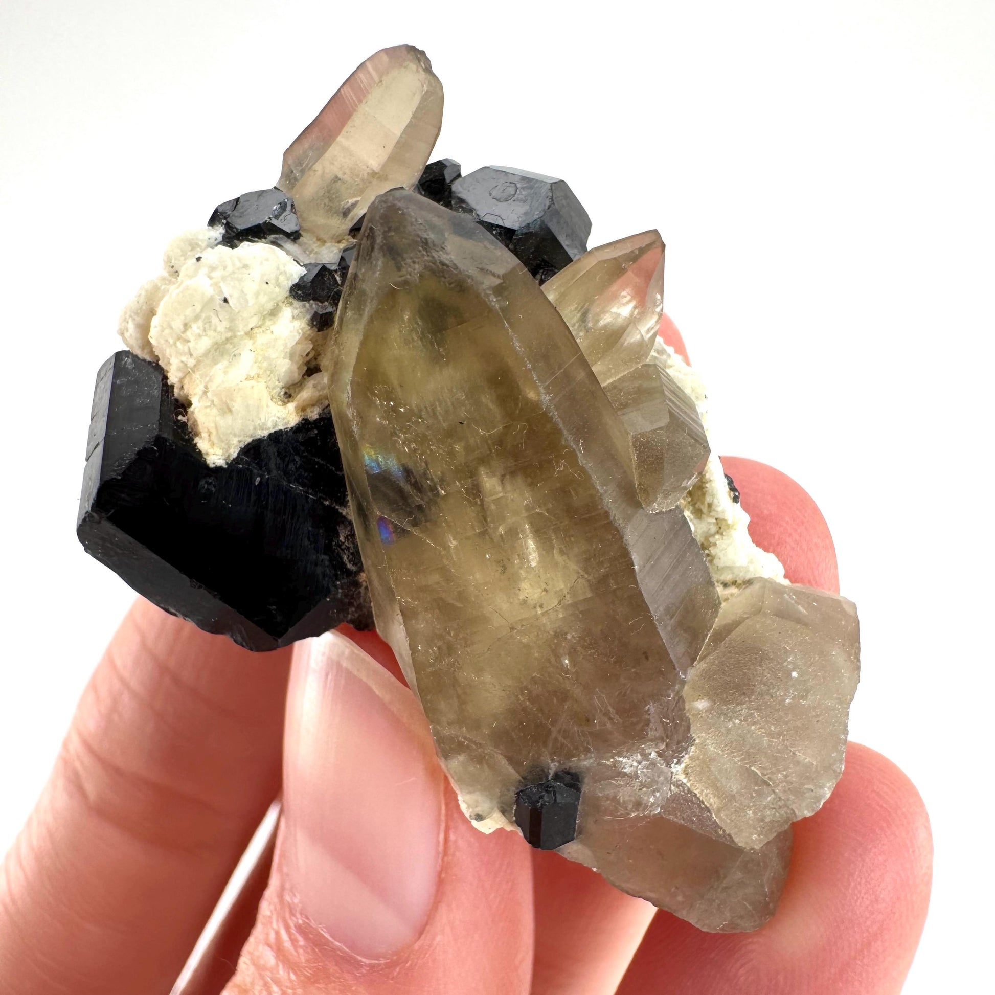Black Tourmaline on Smoky Quartz | schorl crystal cluster, mineral specimen from Namibia