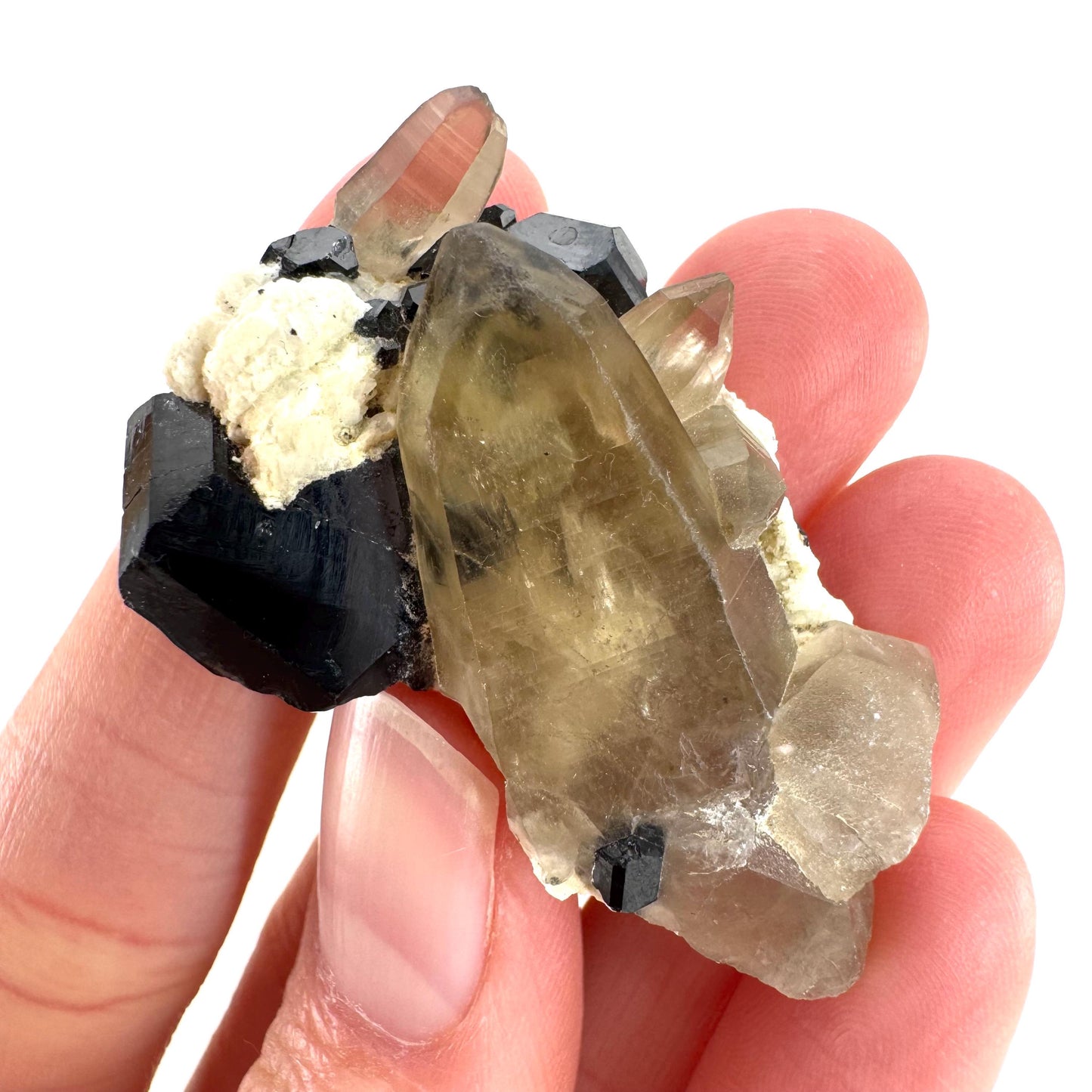Black Tourmaline on Smoky Quartz | schorl crystal cluster, mineral specimen from Namibia