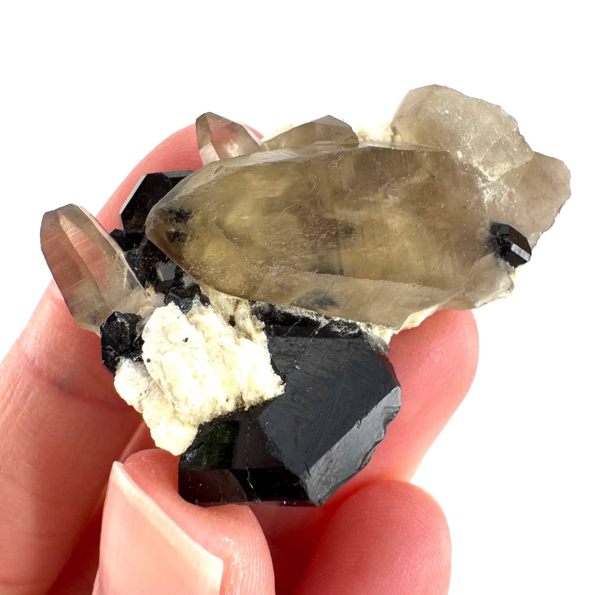 Black Tourmaline on Smoky Quartz | schorl crystal cluster, mineral specimen from Namibia