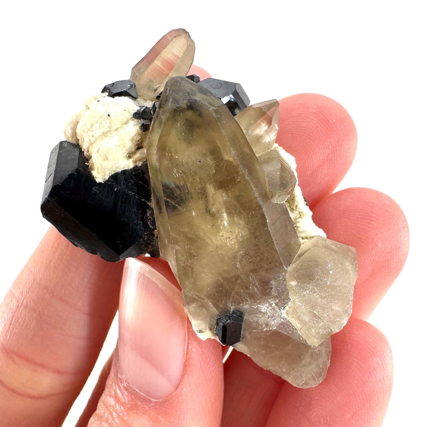 Black Tourmaline on Smoky Quartz | schorl crystal cluster, mineral specimen from Namibia