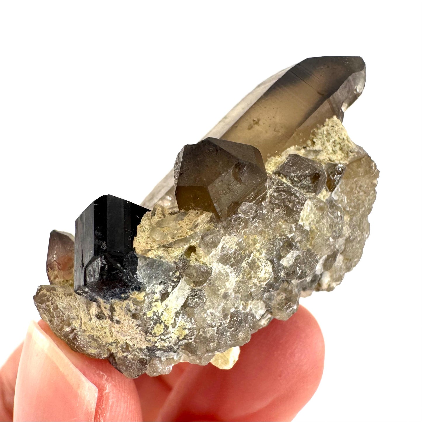 Black Tourmaline on Smoky Quartz | schorl crystal cluster, mineral specimen from Namibia