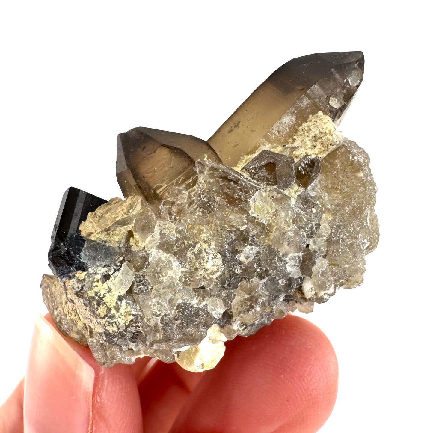 Black Tourmaline on Smoky Quartz | schorl crystal cluster, mineral specimen from Namibia