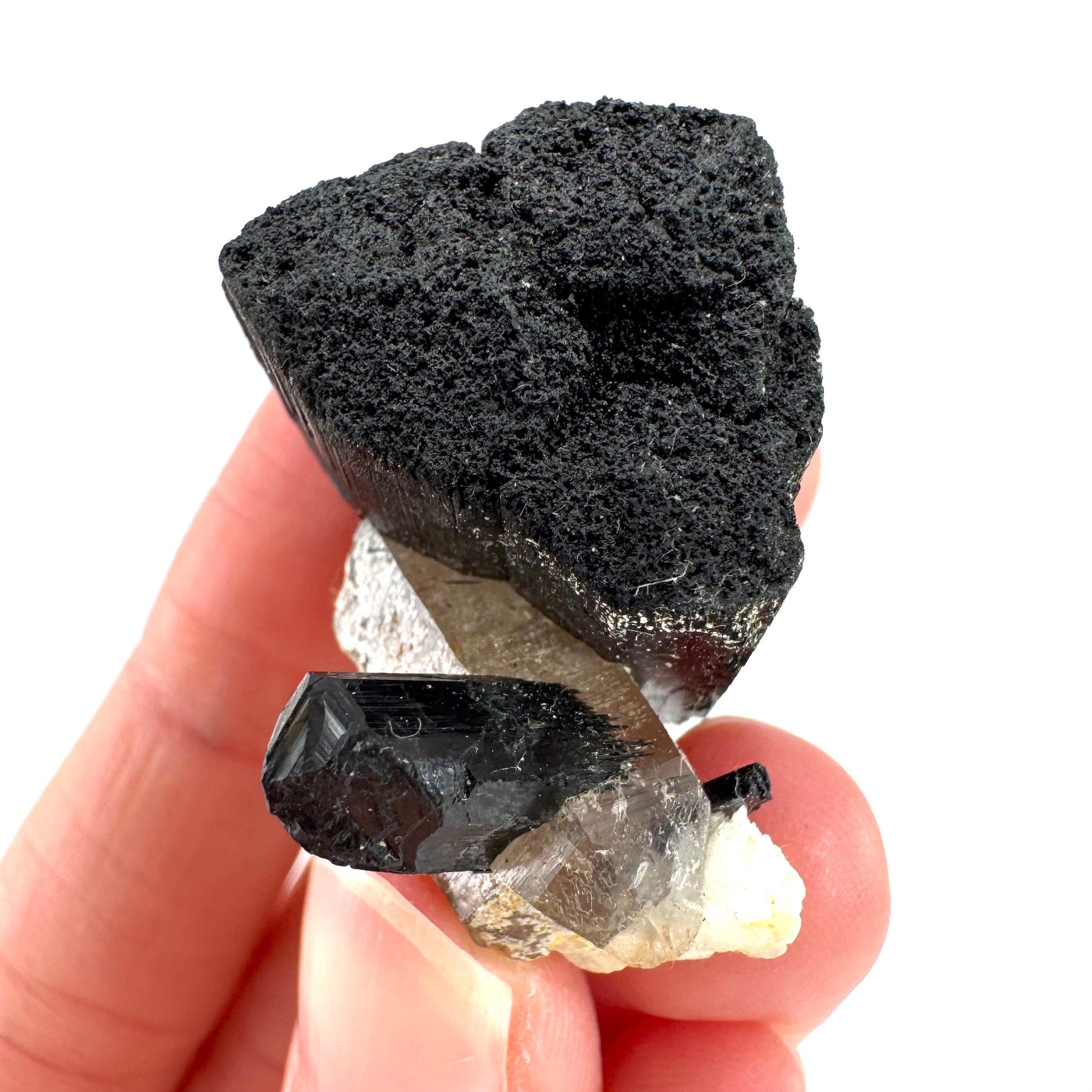 Smoky Quartz on Black Tourmaline | schorl crystal cluster, mineral specimen from Namibia