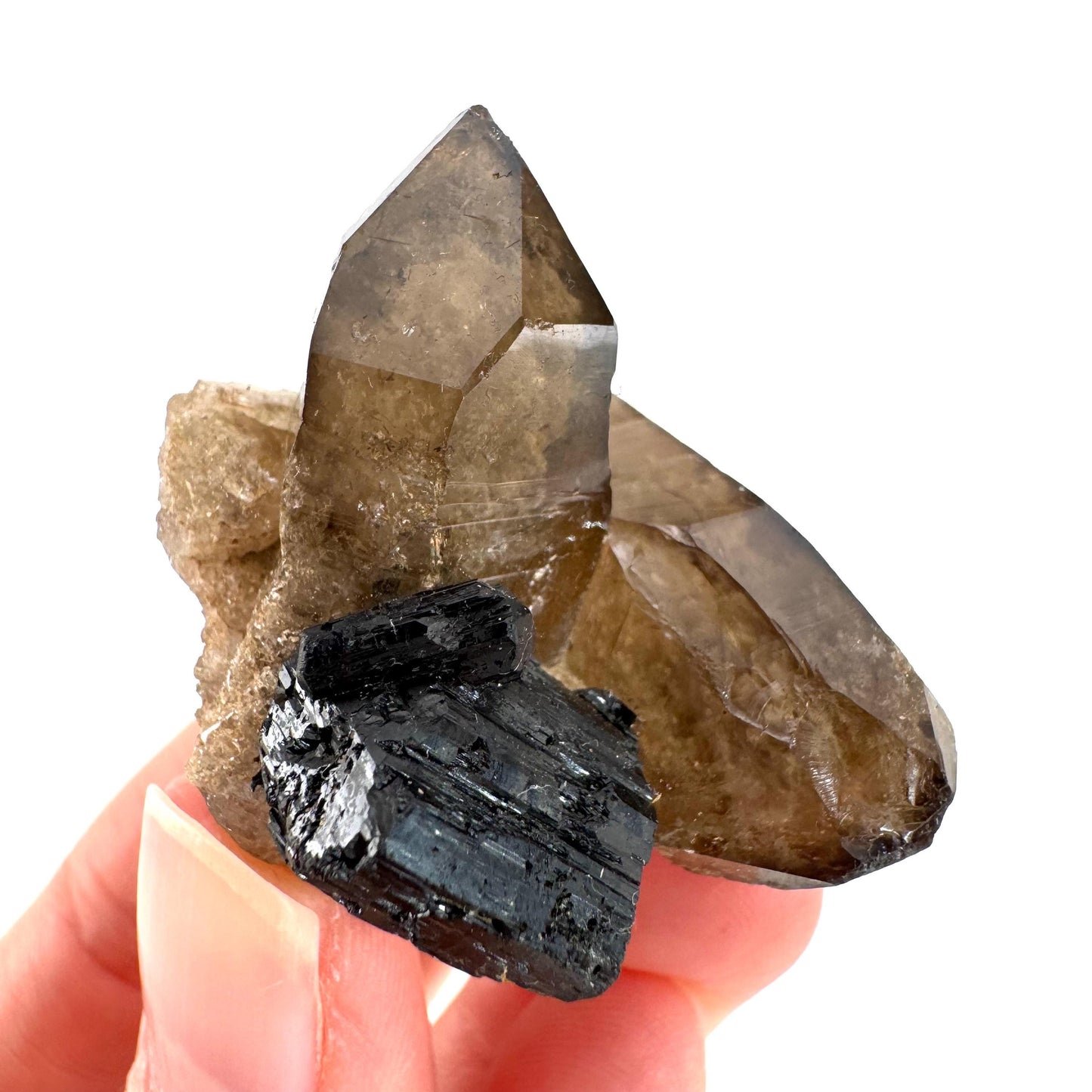 Black Tourmaline on Smoky Quartz | schorl crystal cluster, mineral specimen from Namibia
