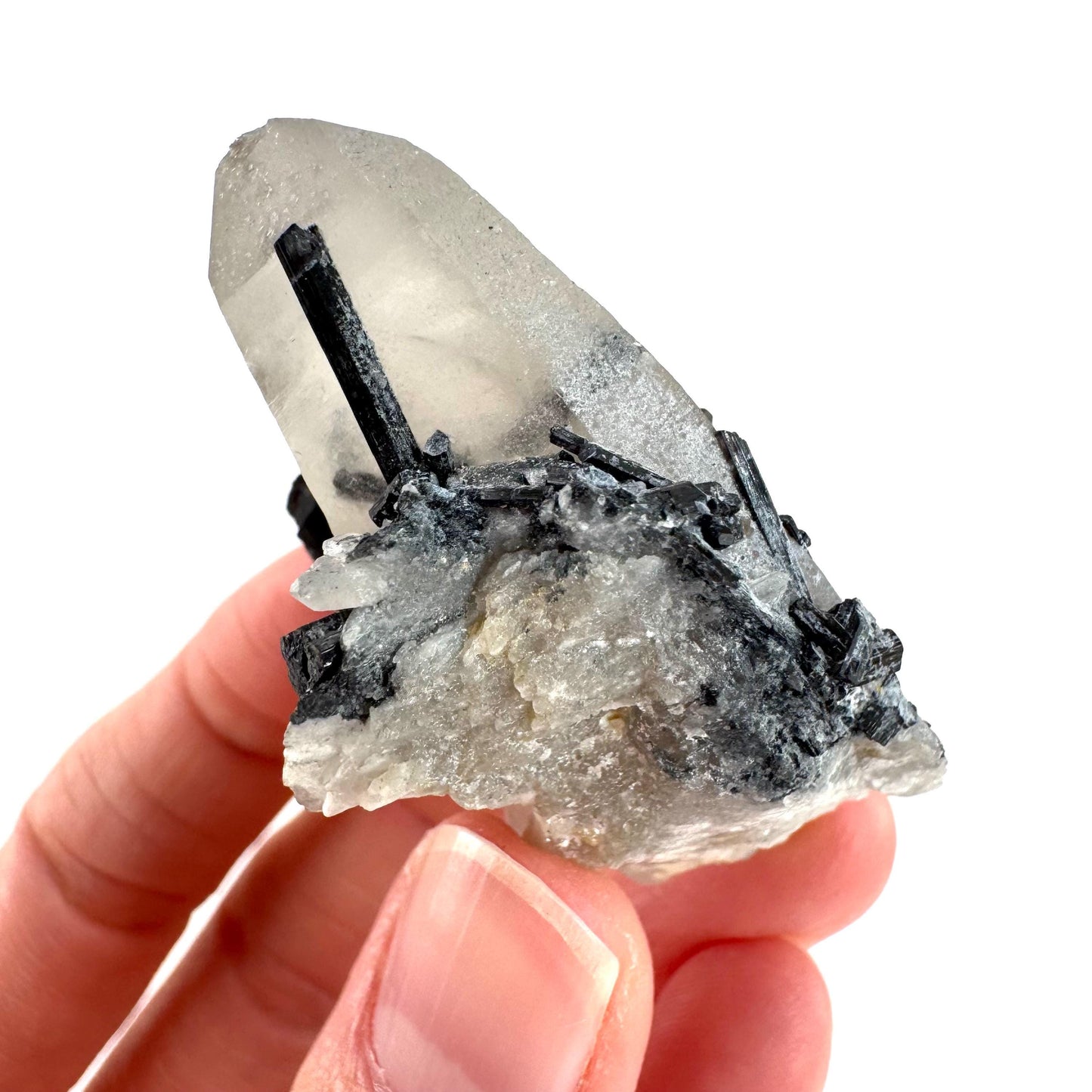 Black Tourmaline on Smoky Quartz | schorl crystal cluster, mineral specimen from Namibia