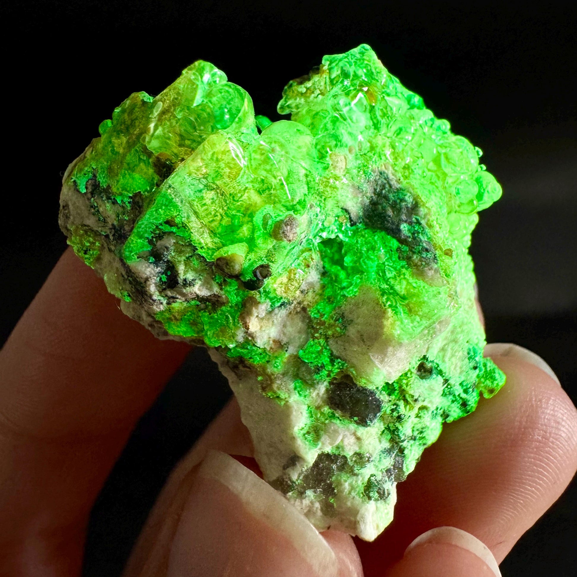 Hyalite Opal on Matrix | UV reactive crystal, green fluorescent mineral specimen from Namibia
