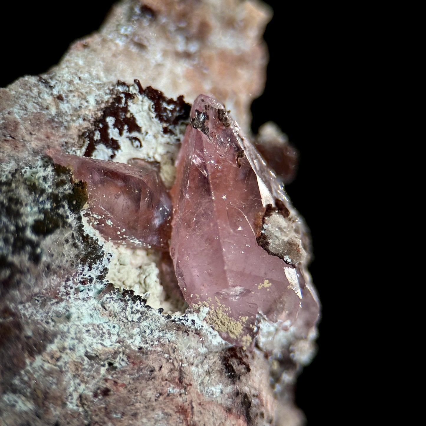 Gem Cobaltoan Calcite with Bisbeeite | translucent pink crystal cluster, mineral specimen