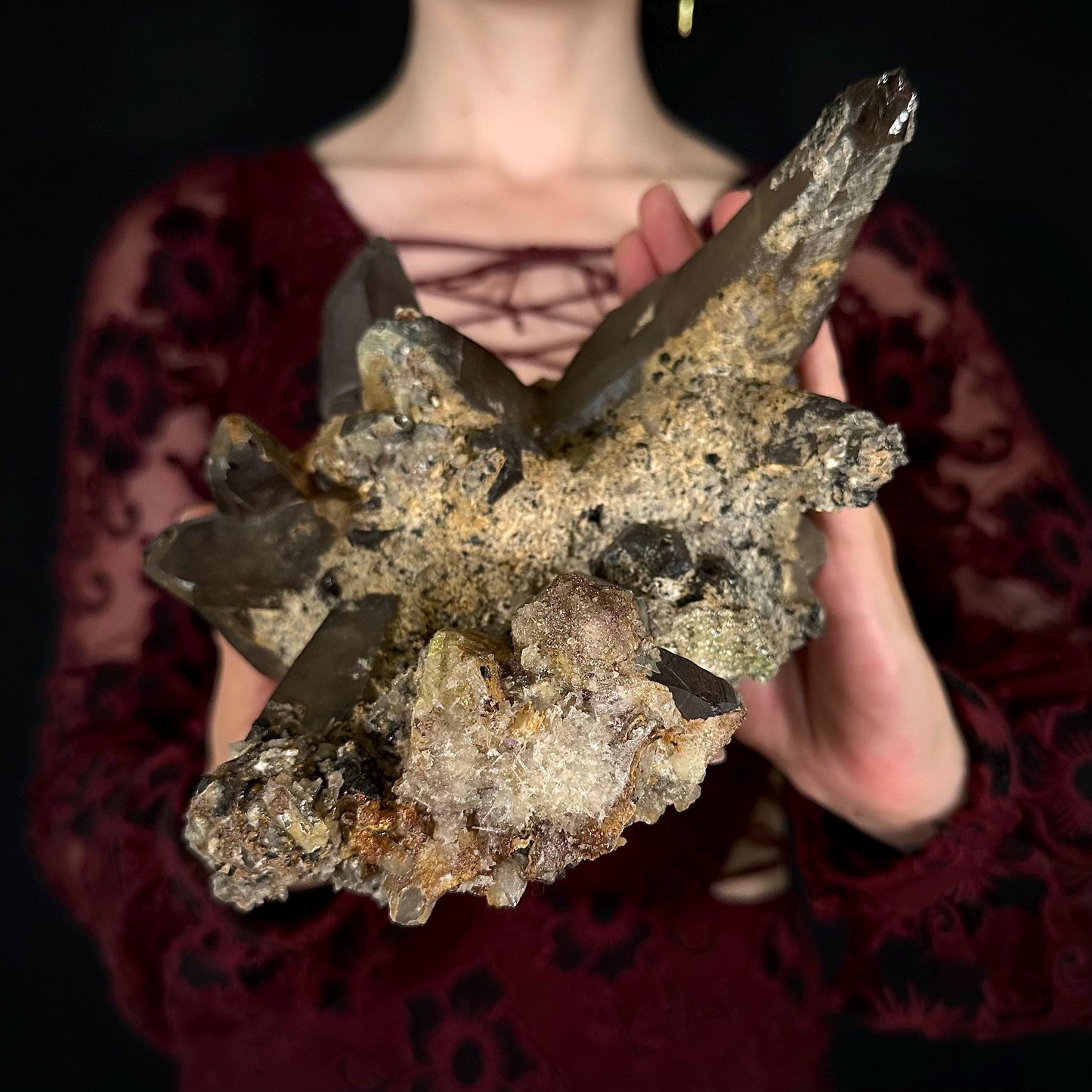 HUGE Smoky Quartz with Hyalite Opal & Black Tourmaline | Crystal Cluster from Namibia