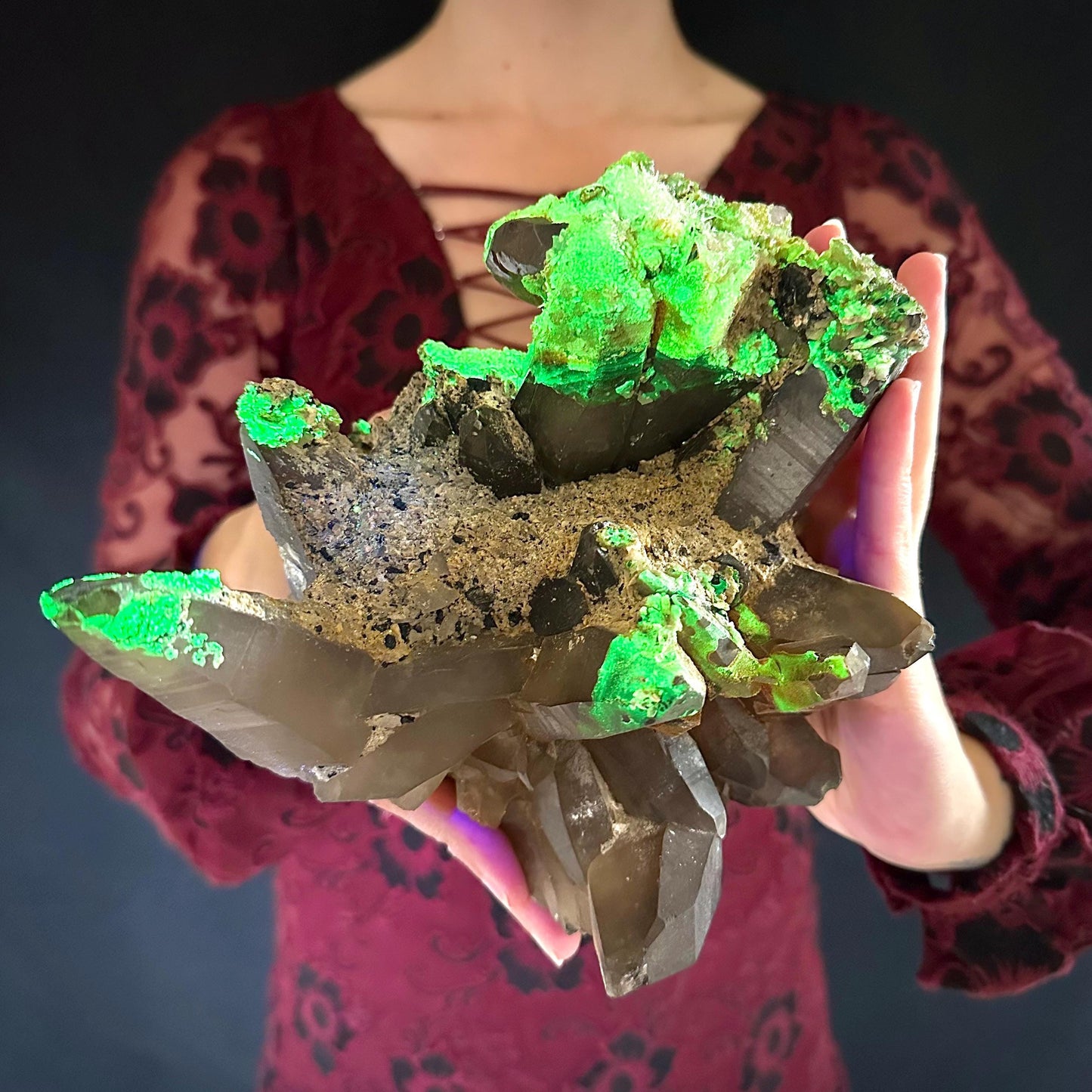 HUGE Smoky Quartz with Hyalite Opal & Black Tourmaline | Crystal Cluster from Namibia