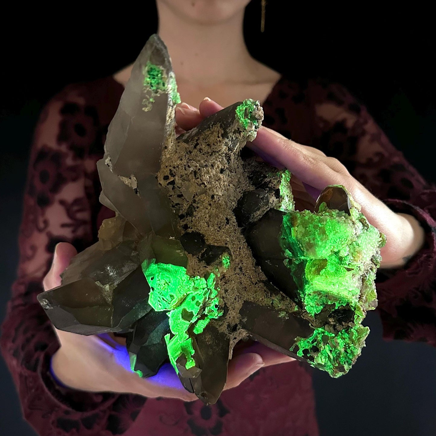 HUGE Smoky Quartz with Hyalite Opal & Black Tourmaline | Crystal Cluster from Namibia