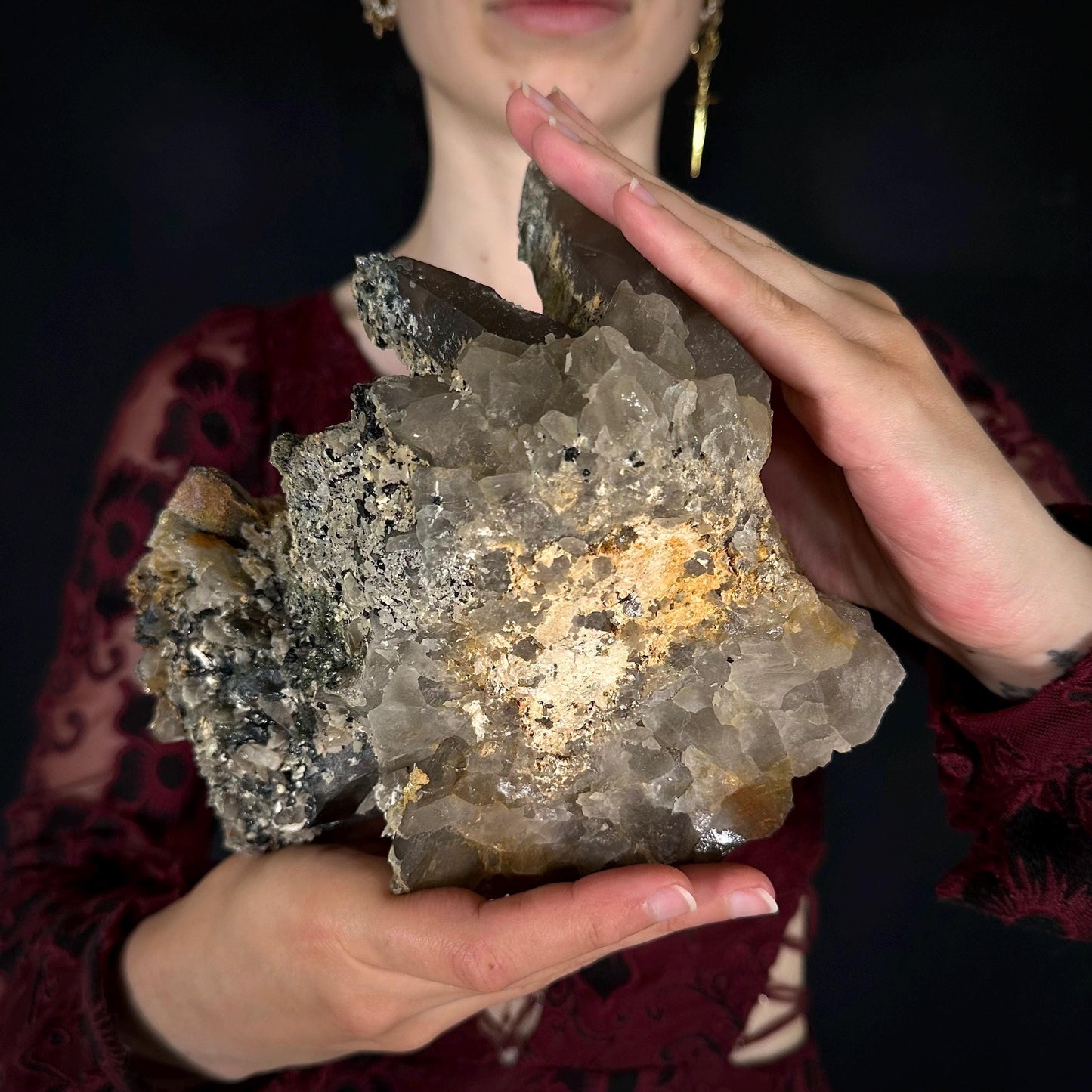 HUGE Smoky Quartz with Hyalite Opal & Black Tourmaline | Crystal Cluster from Namibia