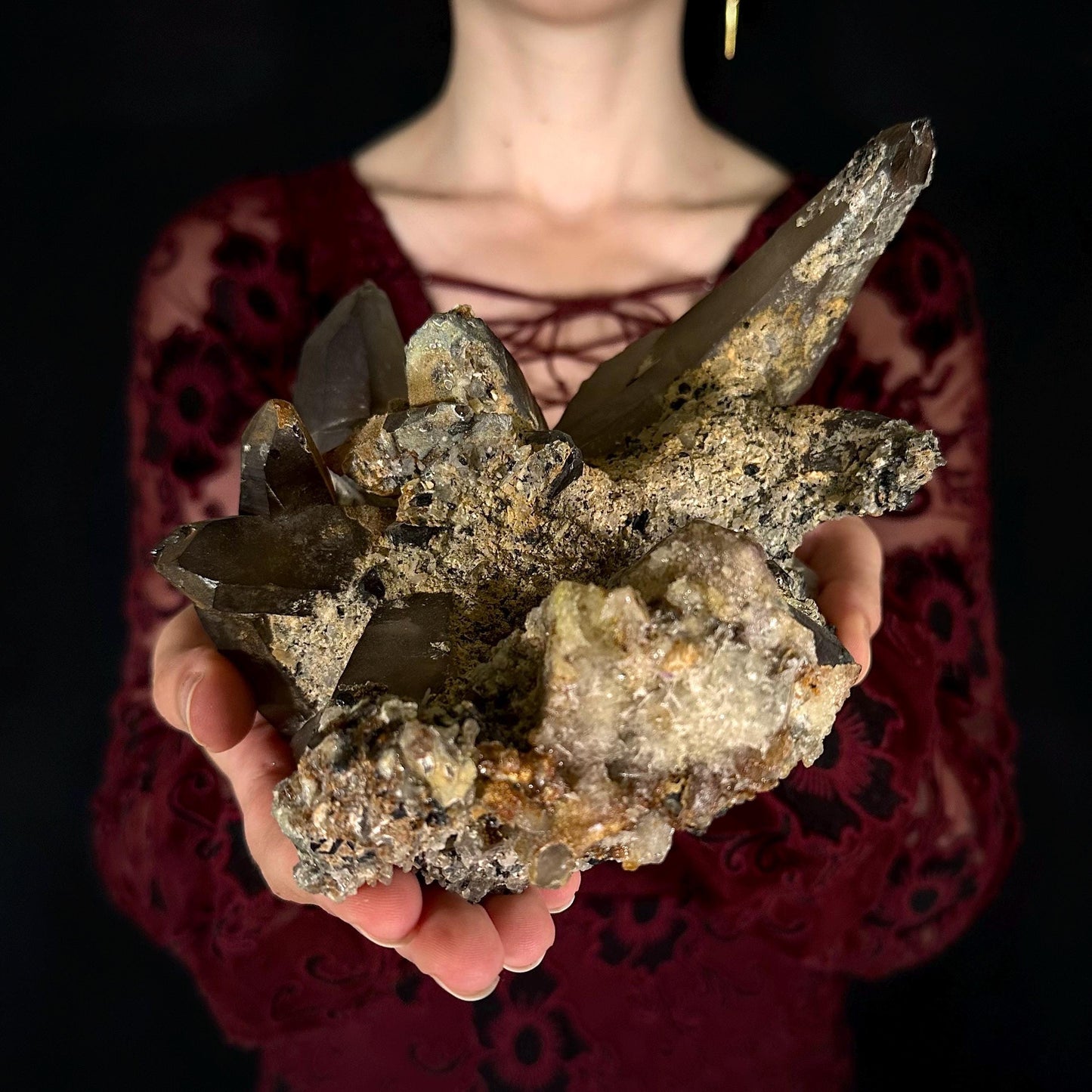 HUGE Smoky Quartz with Hyalite Opal & Black Tourmaline | Crystal Cluster from Namibia