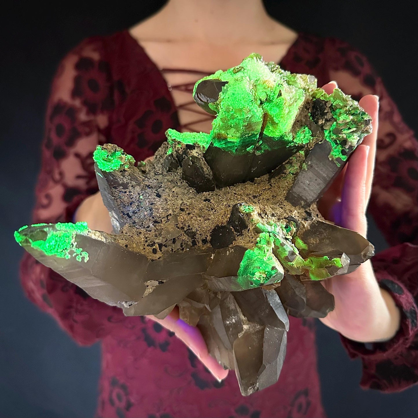 HUGE Smoky Quartz with Hyalite Opal & Black Tourmaline | Crystal Cluster from Namibia