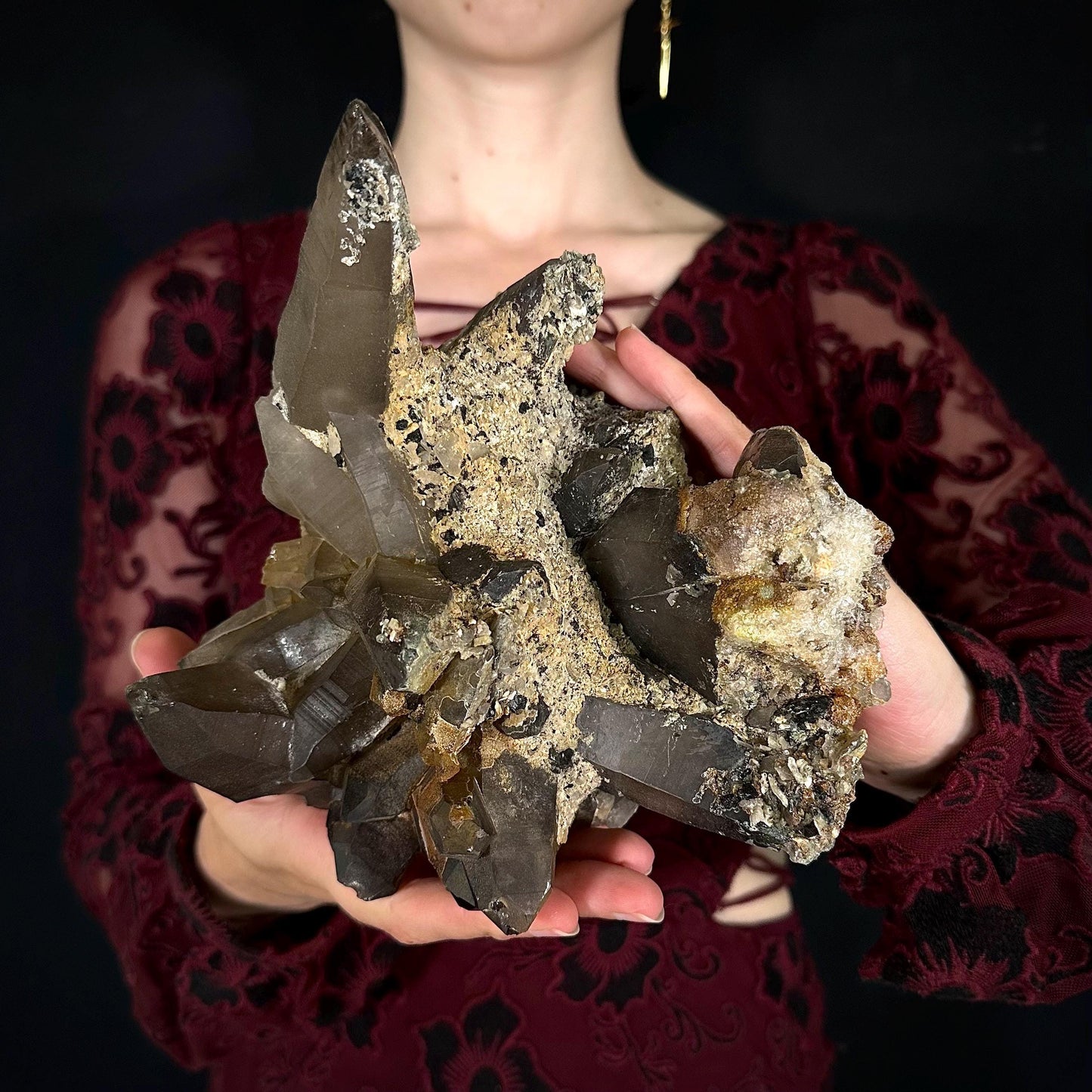 HUGE Smoky Quartz with Hyalite Opal & Black Tourmaline | Crystal Cluster from Namibia