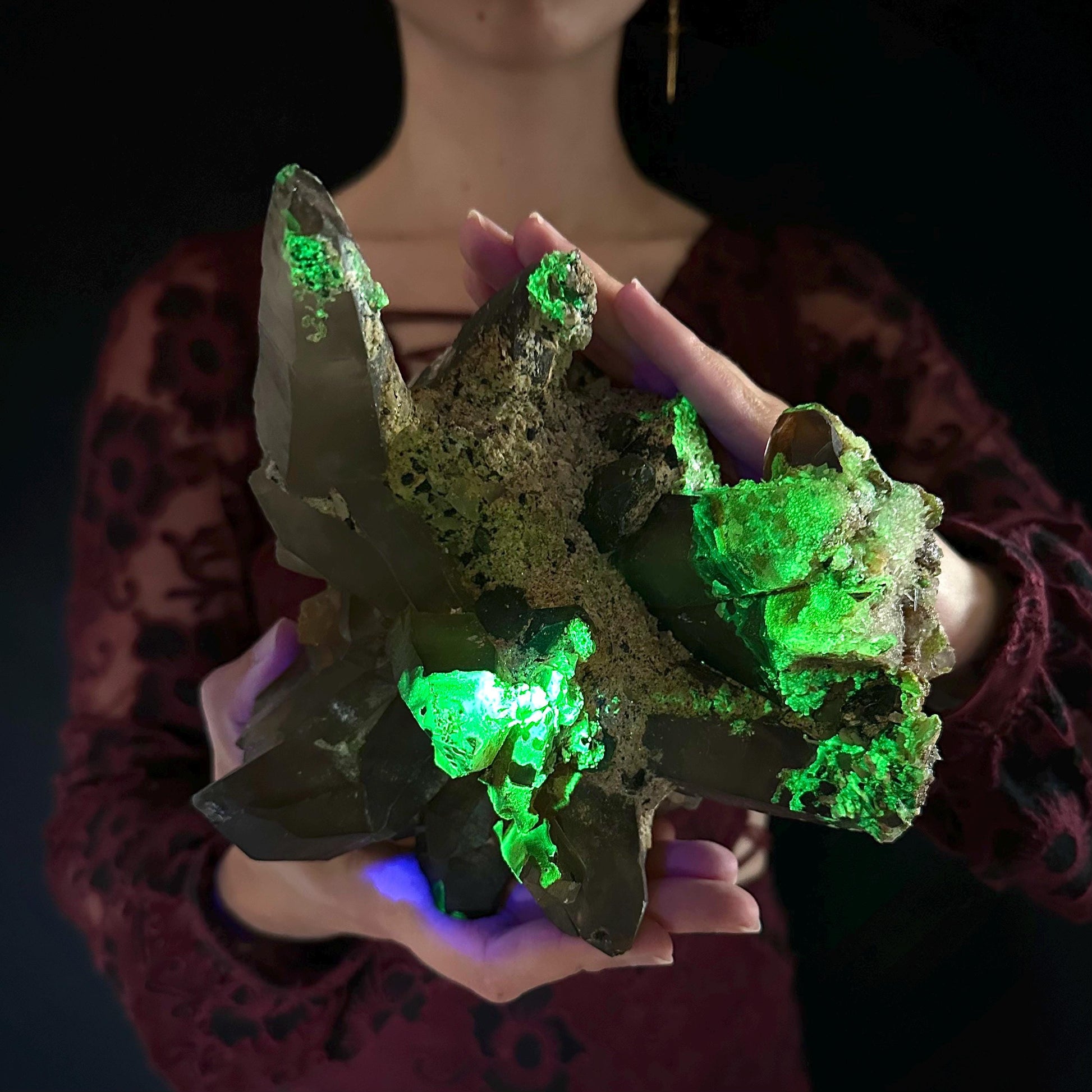 HUGE Smoky Quartz with Hyalite Opal & Black Tourmaline | Crystal Cluster from Namibia