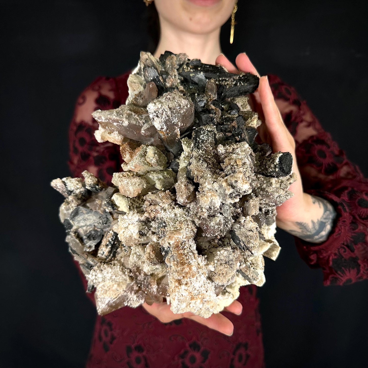 MASSIVE Smoky Quartz with Hyalite Opal, Black Tourmaline, & Feldspar | Crystal Cluster from Namibia