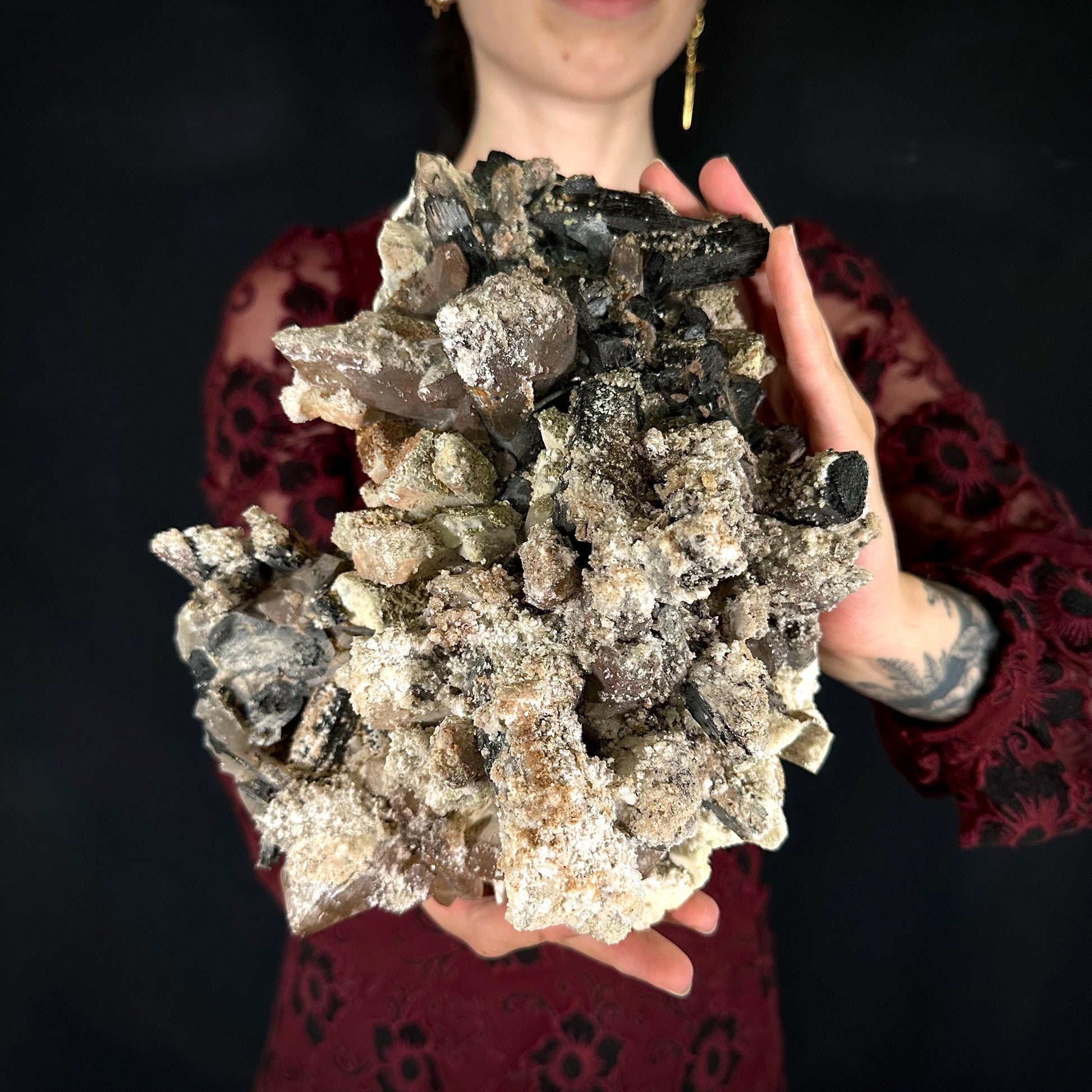 MASSIVE Smoky Quartz with Hyalite Opal, Black Tourmaline, & Feldspar | Crystal Cluster from Namibia