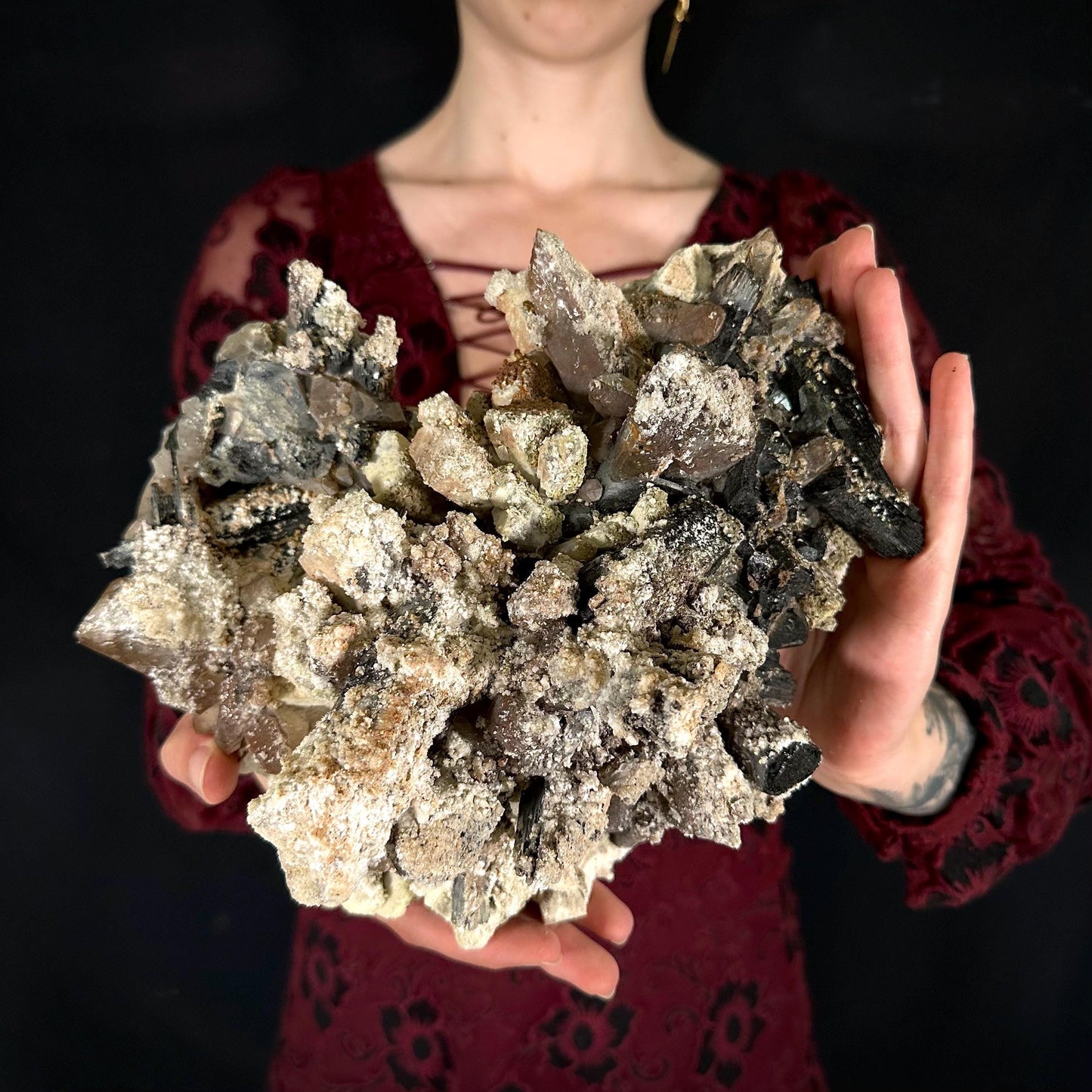 MASSIVE Smoky Quartz with Hyalite Opal, Black Tourmaline, & Feldspar | Crystal Cluster from Namibia
